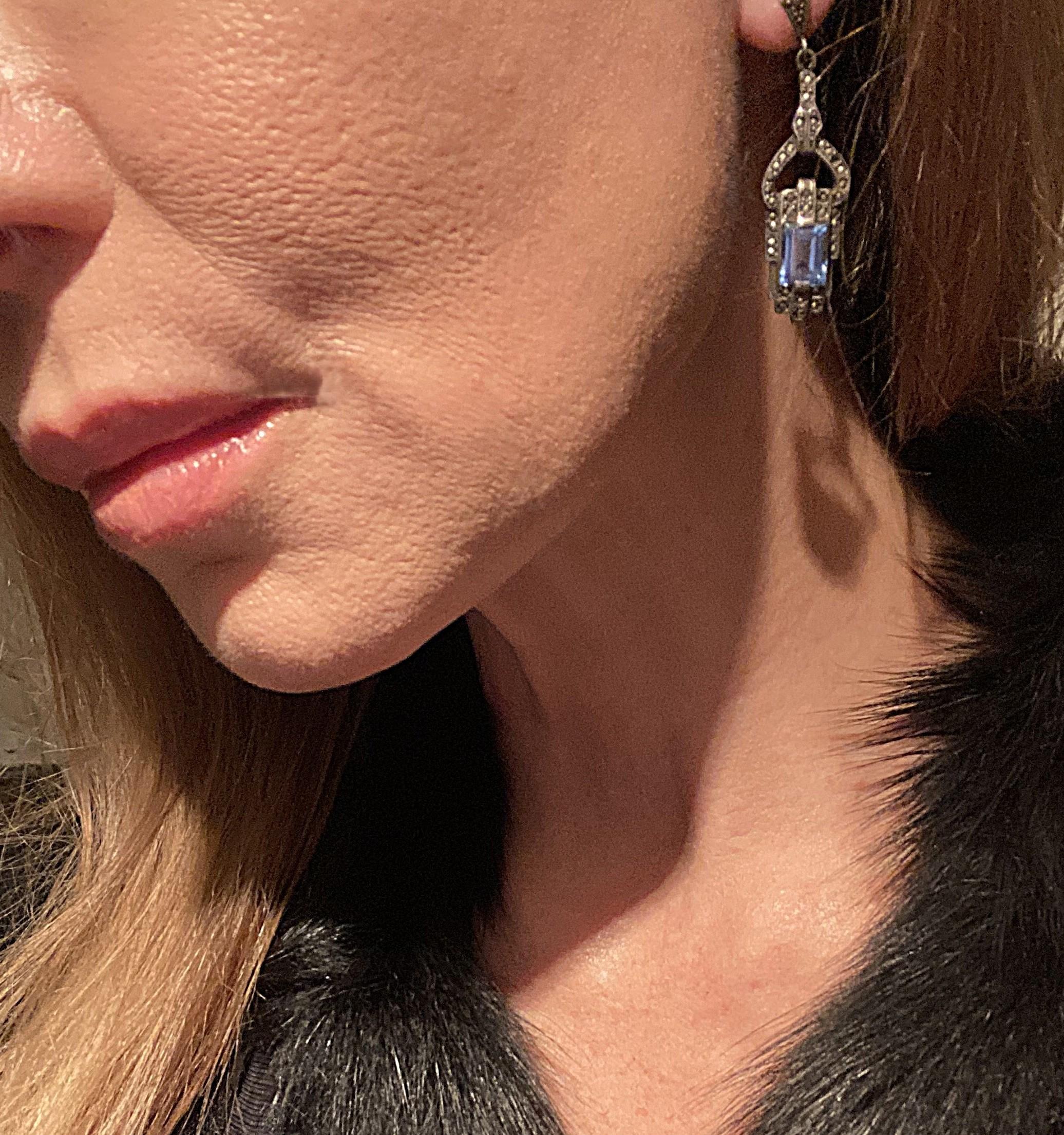 Women's or Men's Art Deco Blue Aquamarine Sterling Silver Drop Earrings For Sale