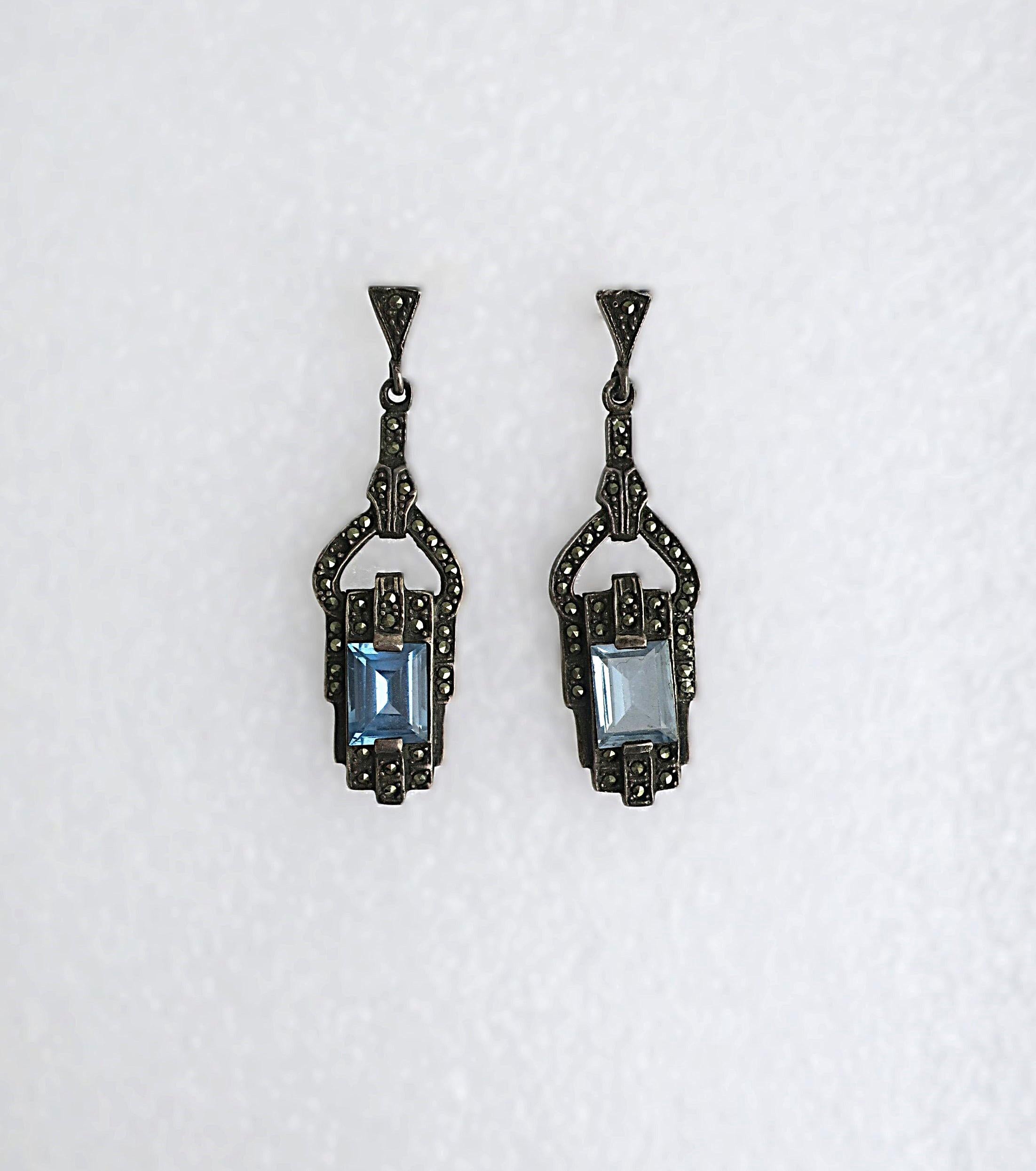 Art Deco Blue Aquamarine Sterling Silver Drop Earrings For Sale 3