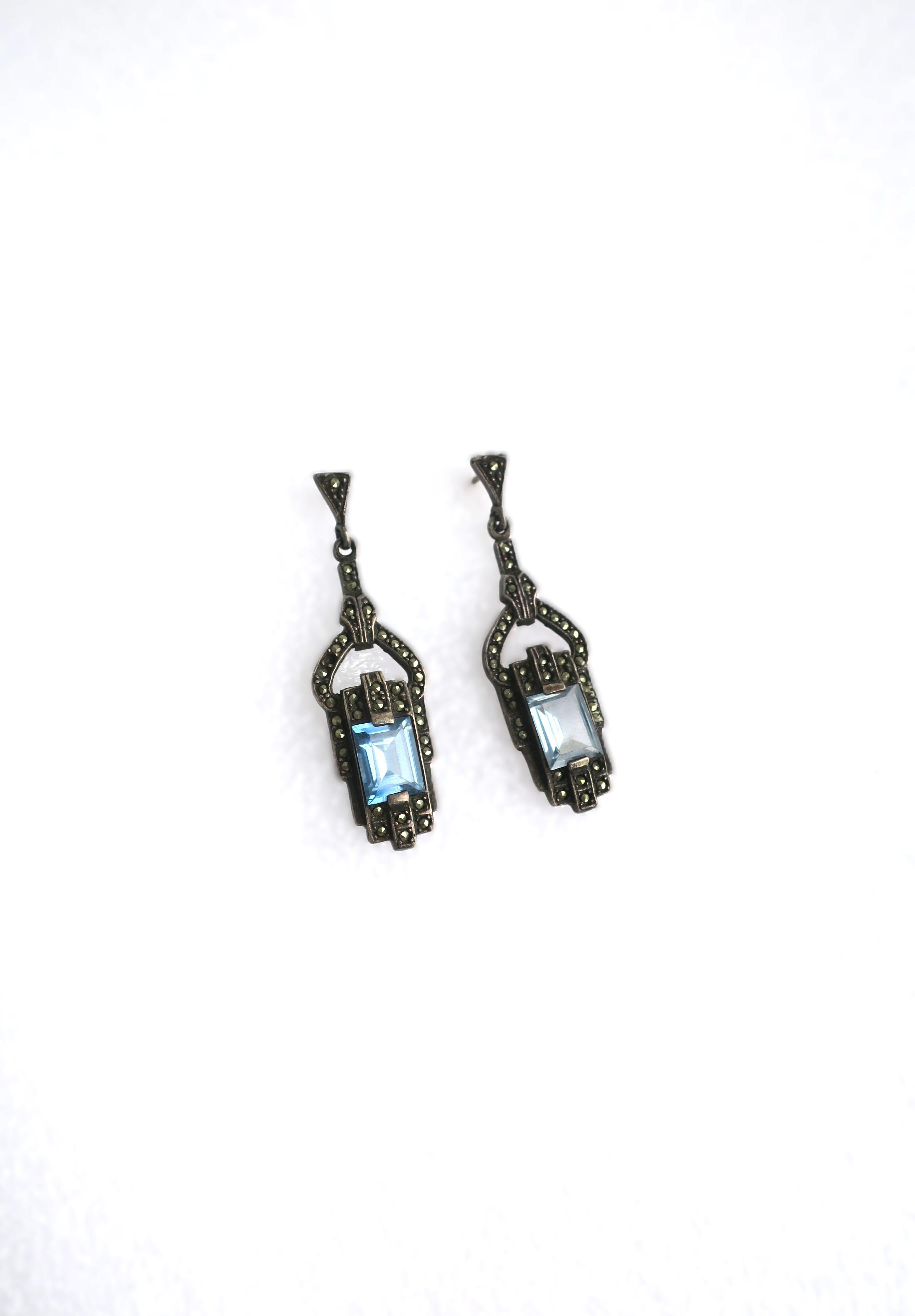 Art Deco Blue Aquamarine Sterling Silver Drop Earrings For Sale 4