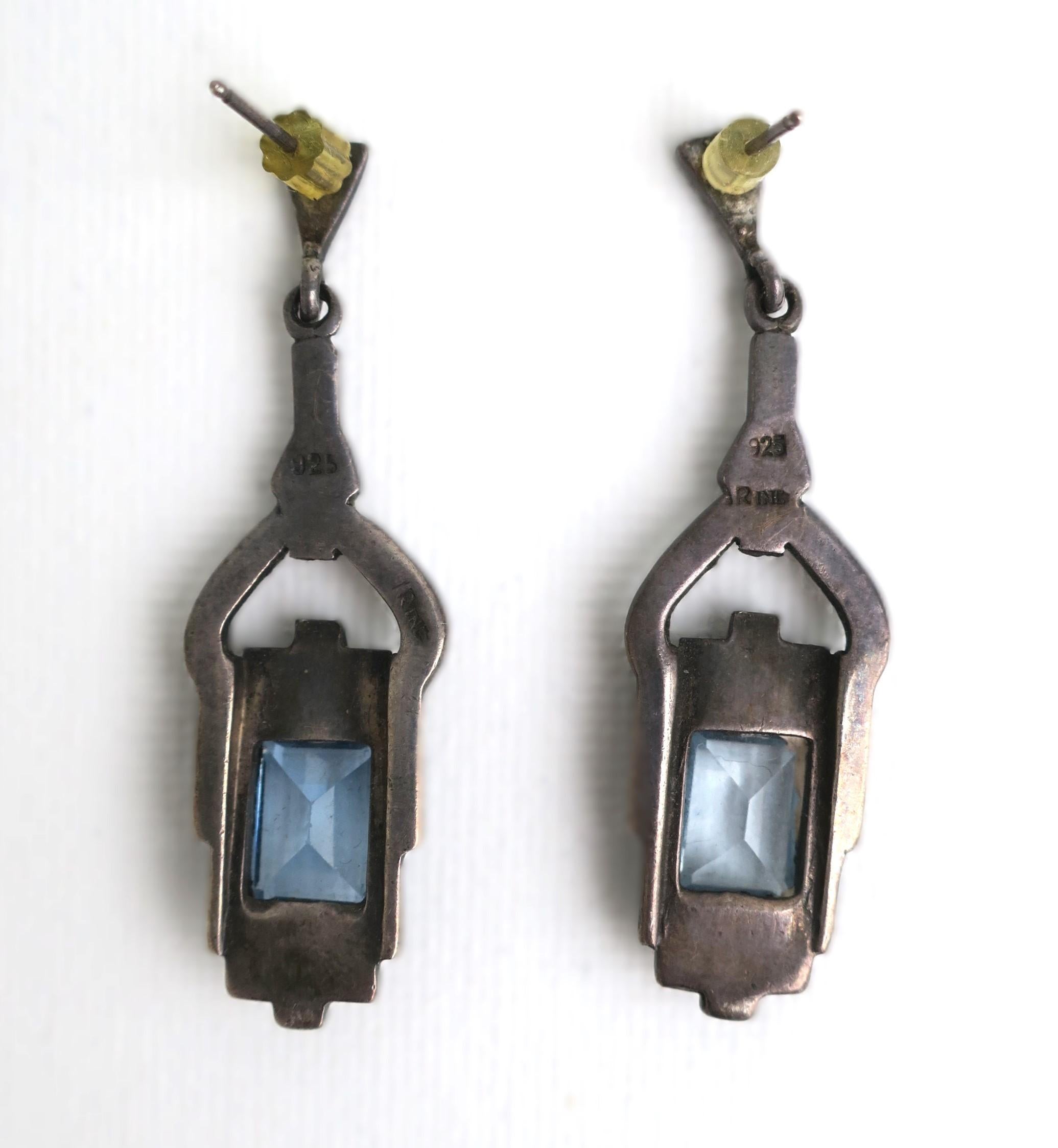 Art Deco Blue Aquamarine Sterling Silver Drop Earrings For Sale 5