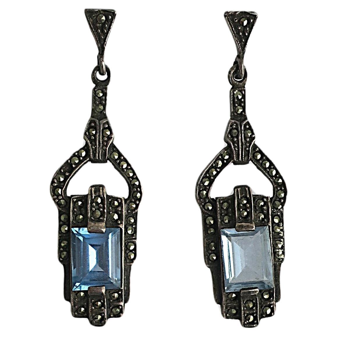 Art Deco Blue Aquamarine Sterling Silver Drop Earrings For Sale