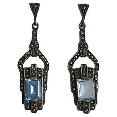 Art Deco Blue Aquamarine Sterling Silver Drop Earrings