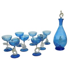 Art Deco Blue Austrian Bimini Glass Mermaid Decanter Set with 8 Glasses