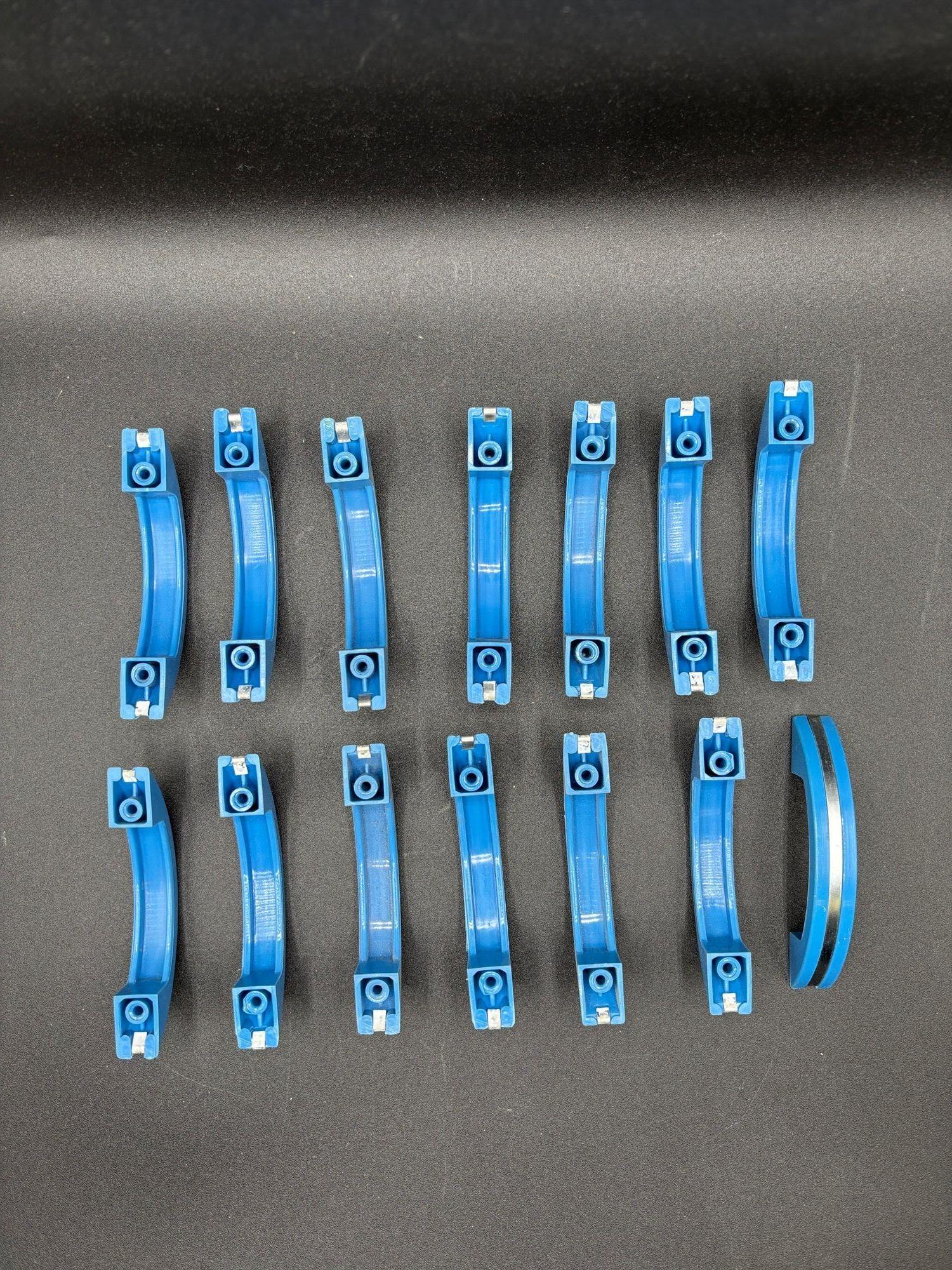 Plastic Art Deco Blue Bakelite Drawer Pulls w/ Chrome Strip, Set of 14 For Sale