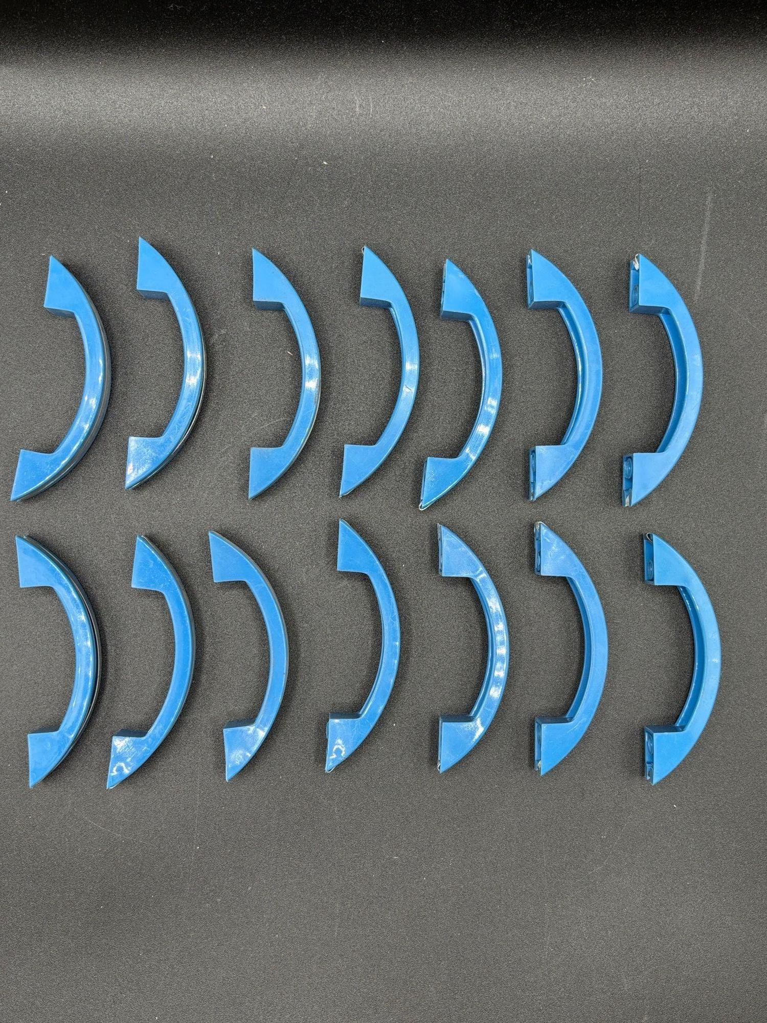 Art Deco Blue Bakelite Drawer Pulls w/ Chrome Strip, Set of 14 For Sale 1