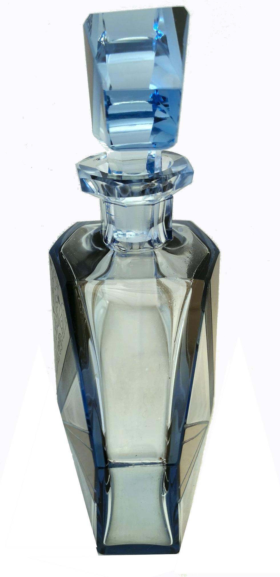 Juego de decantador de cristal esmaltado azul y negro Art Déco Art Decó en venta