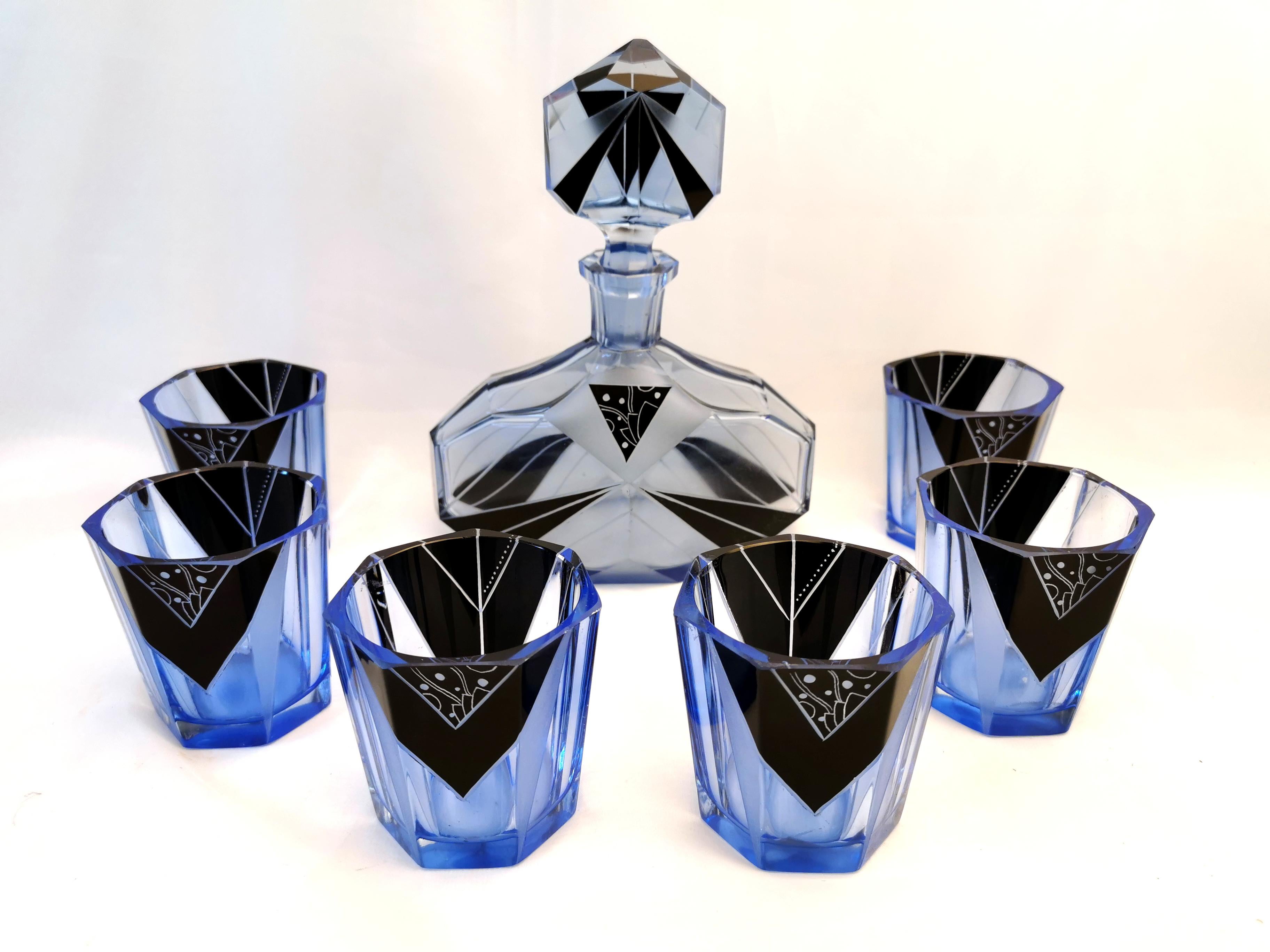 Art Deco Blue and Black Enamel Glass Decanter Set In Good Condition For Sale In Devon, England