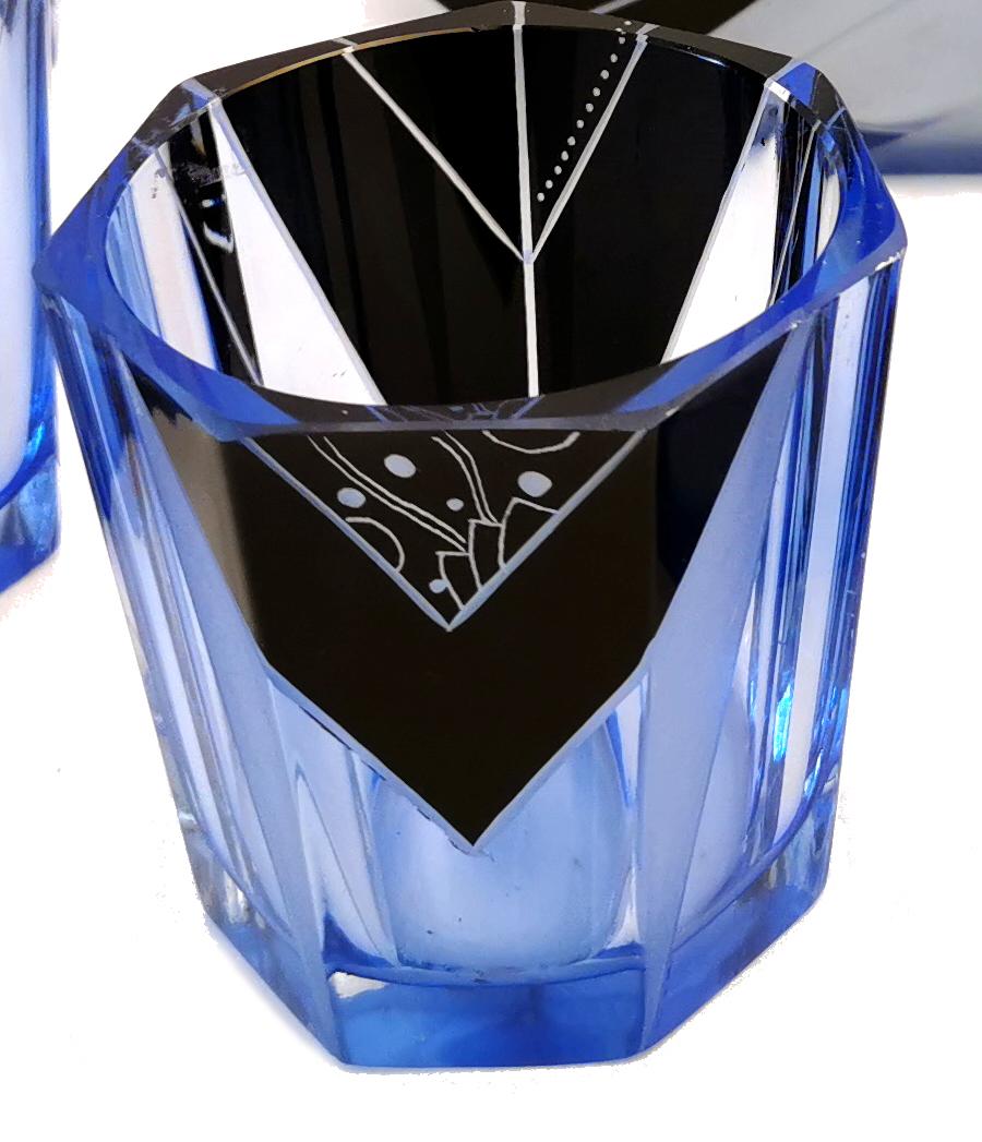 20th Century Art Deco Blue and Black Enamel Glass Decanter Set For Sale