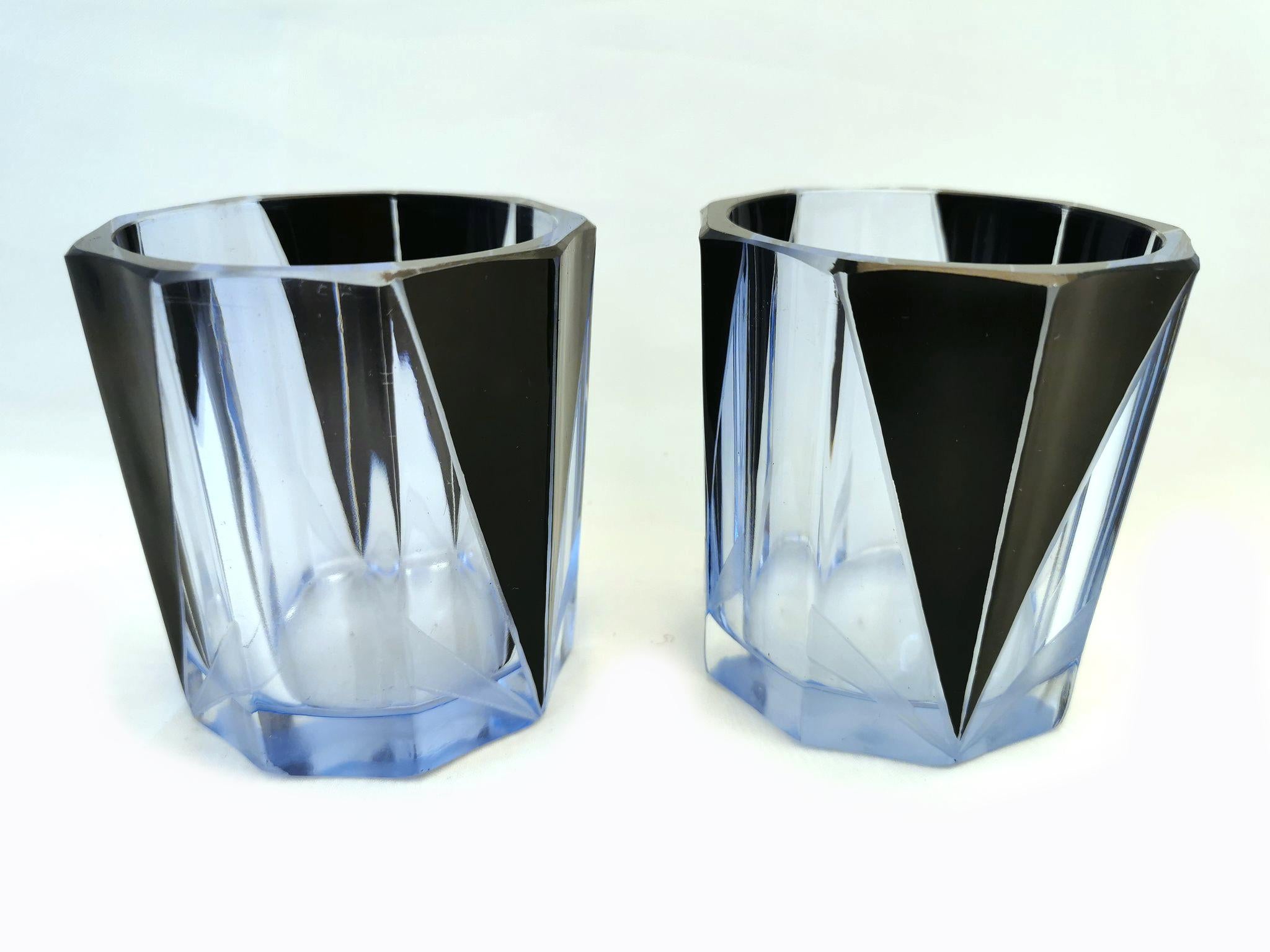 Art Deco Blau & Schwarzes Emaille Glas Dekanter Set im Angebot 1