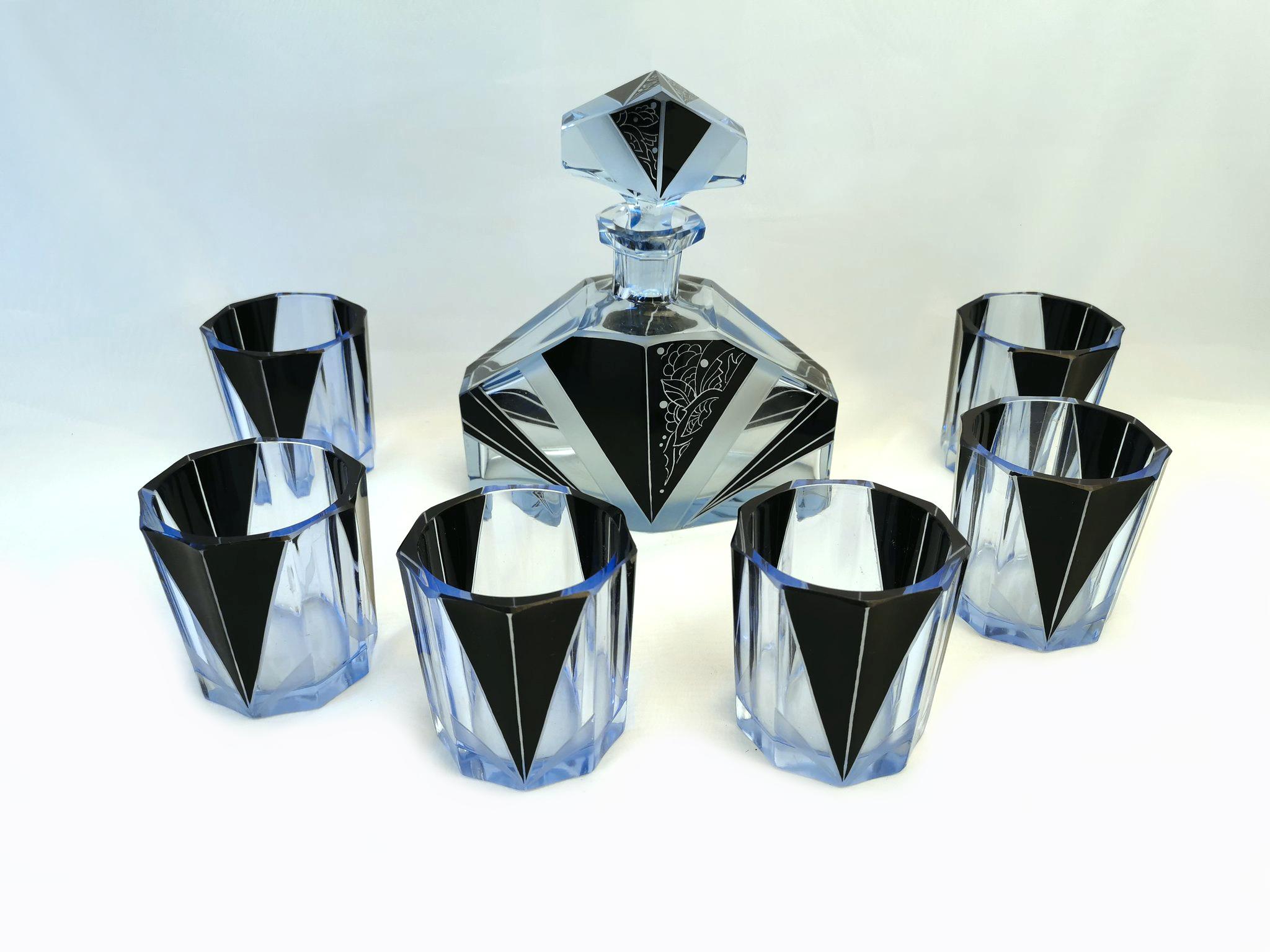 Art Deco Blau & Schwarzes Emaille Glas Dekanter Set im Angebot 2