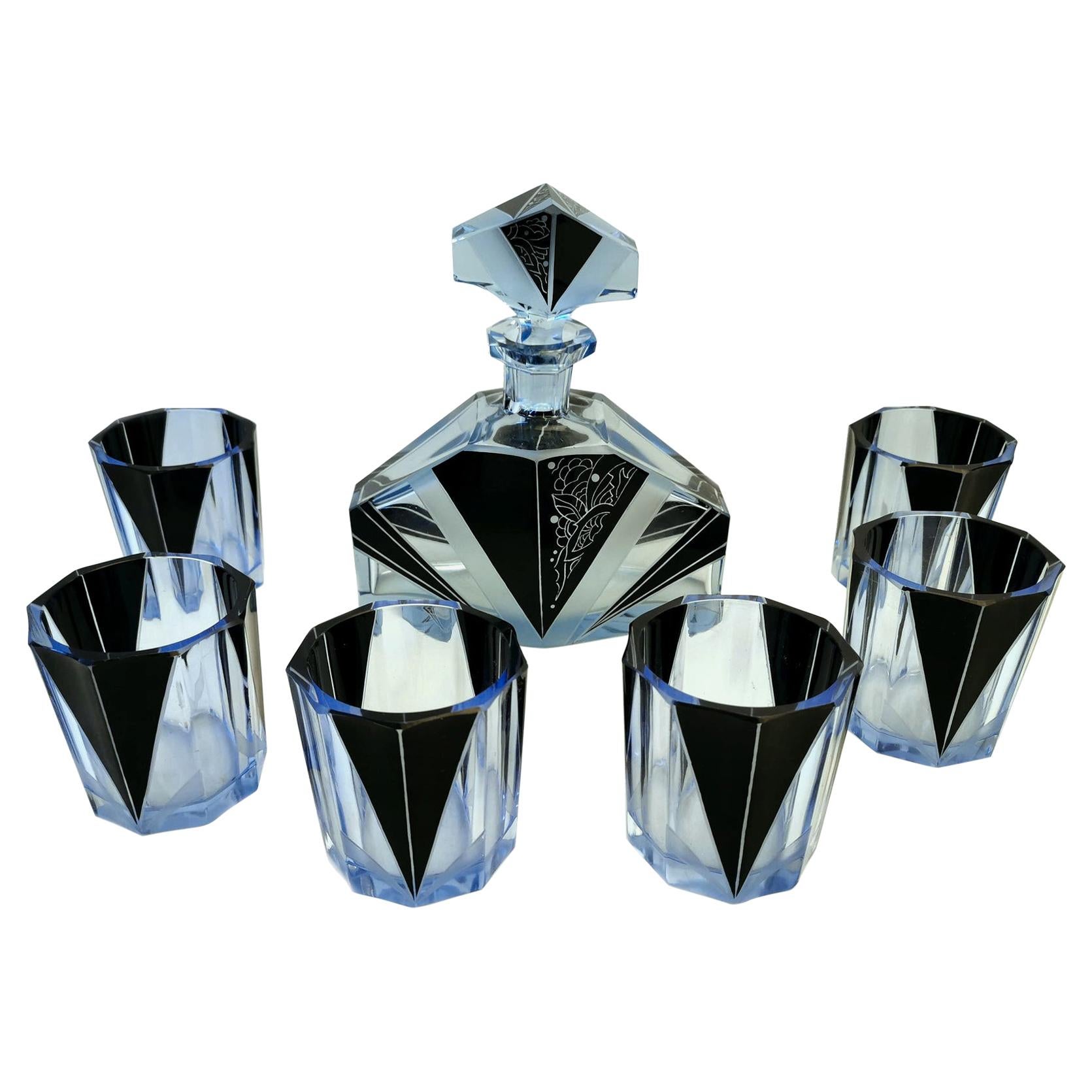 Art Deco Blue & Black enamel Glass Decanter Set