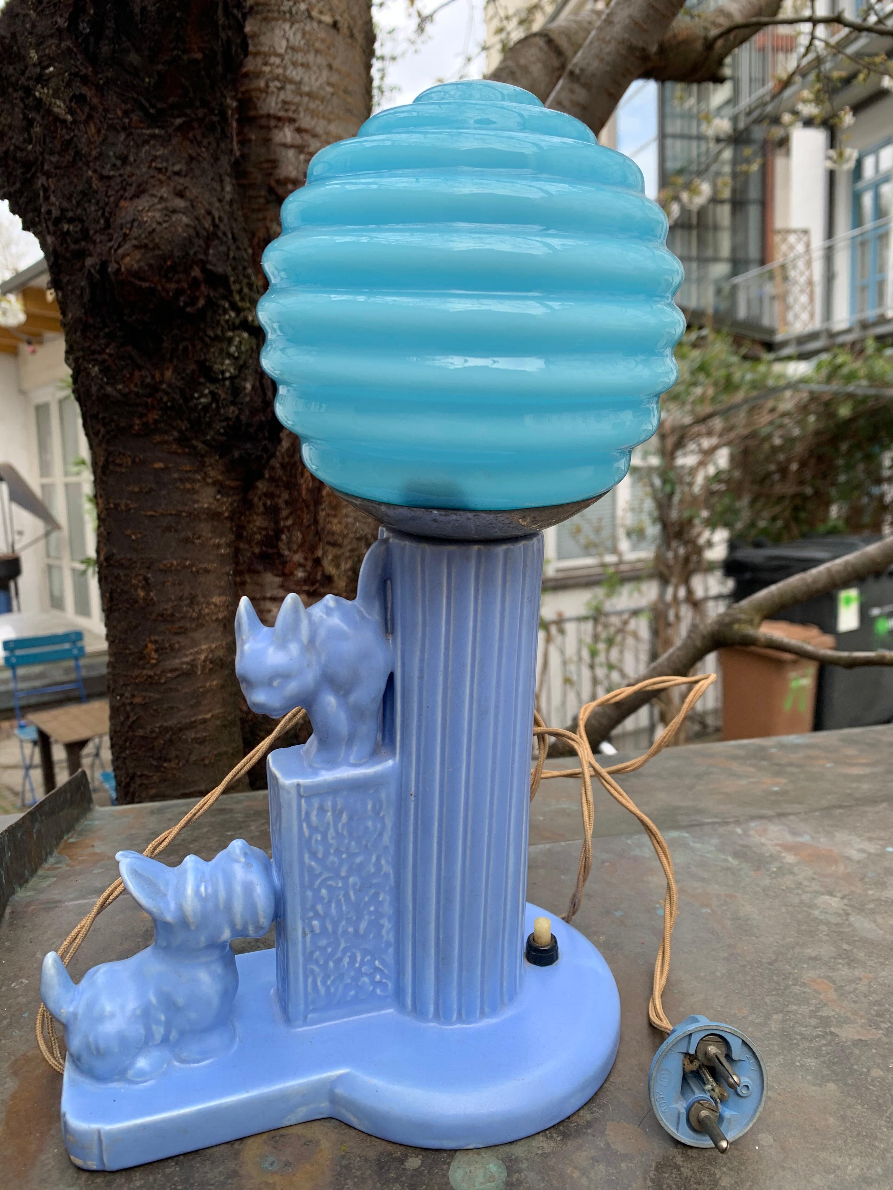 European Art Deco Blue Cat Dog Terrier Pale Blue Ceramic Lamp Glas Spere Lamp Shade For Sale
