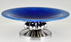 Art Deco Blue Ceramic and Chrome Fruit Dish by Paul Milet for Sèvres, 1930