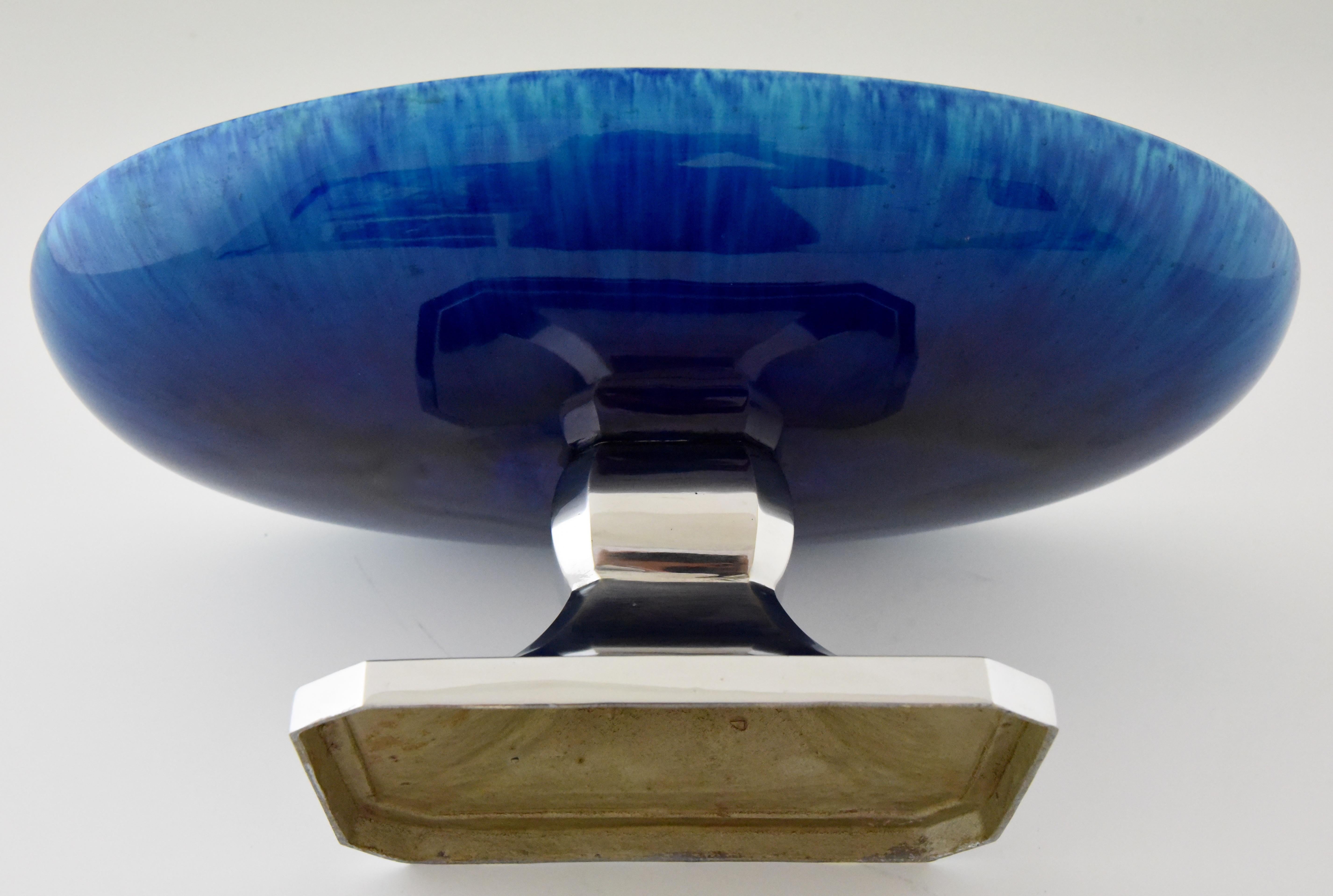 Art Deco Blue Ceramic and Chrome Fruit Dish Paul Milet for Sèvres 6