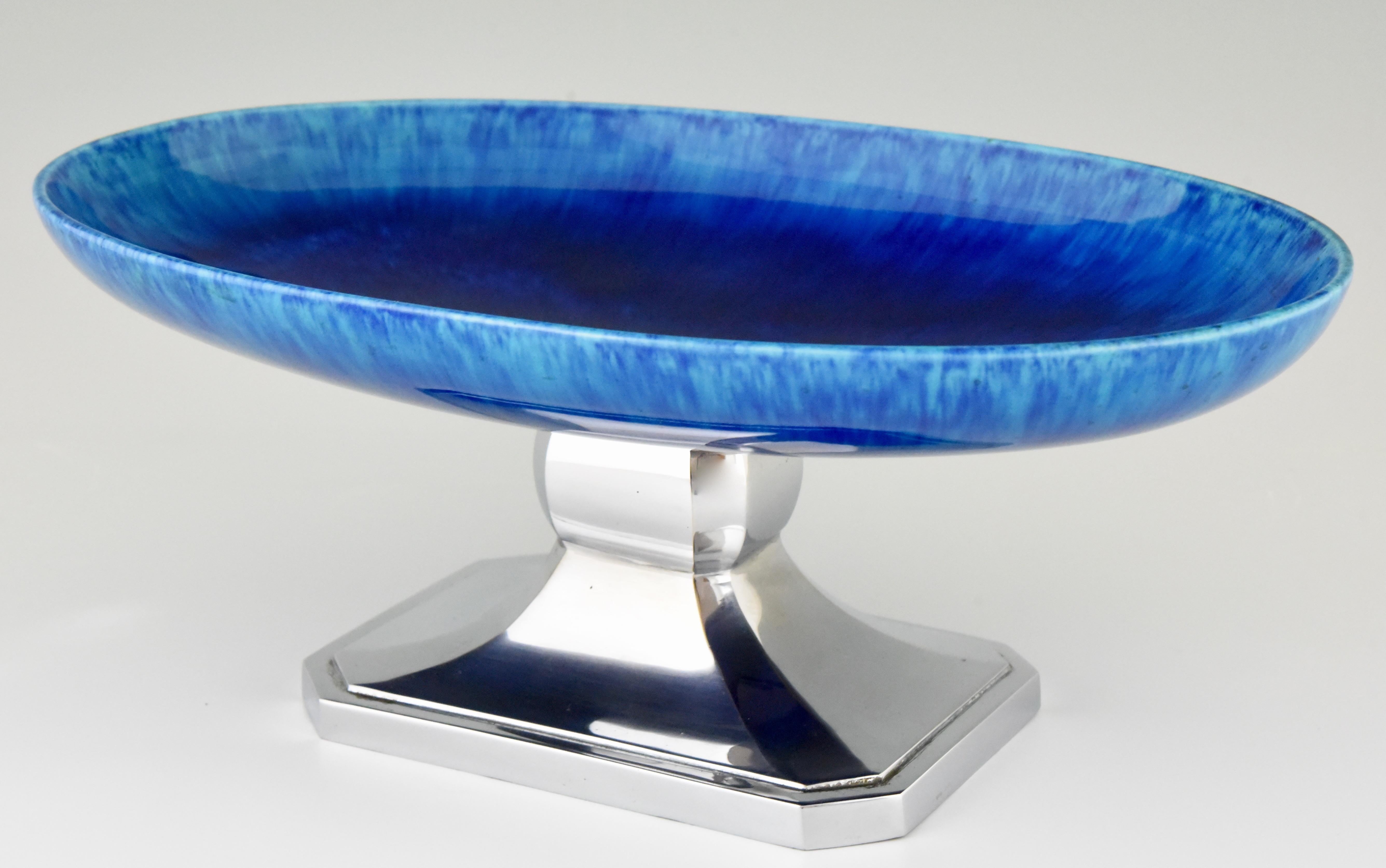 French Art Deco Blue Ceramic and Chrome Fruit Dish Paul Milet for Sèvres