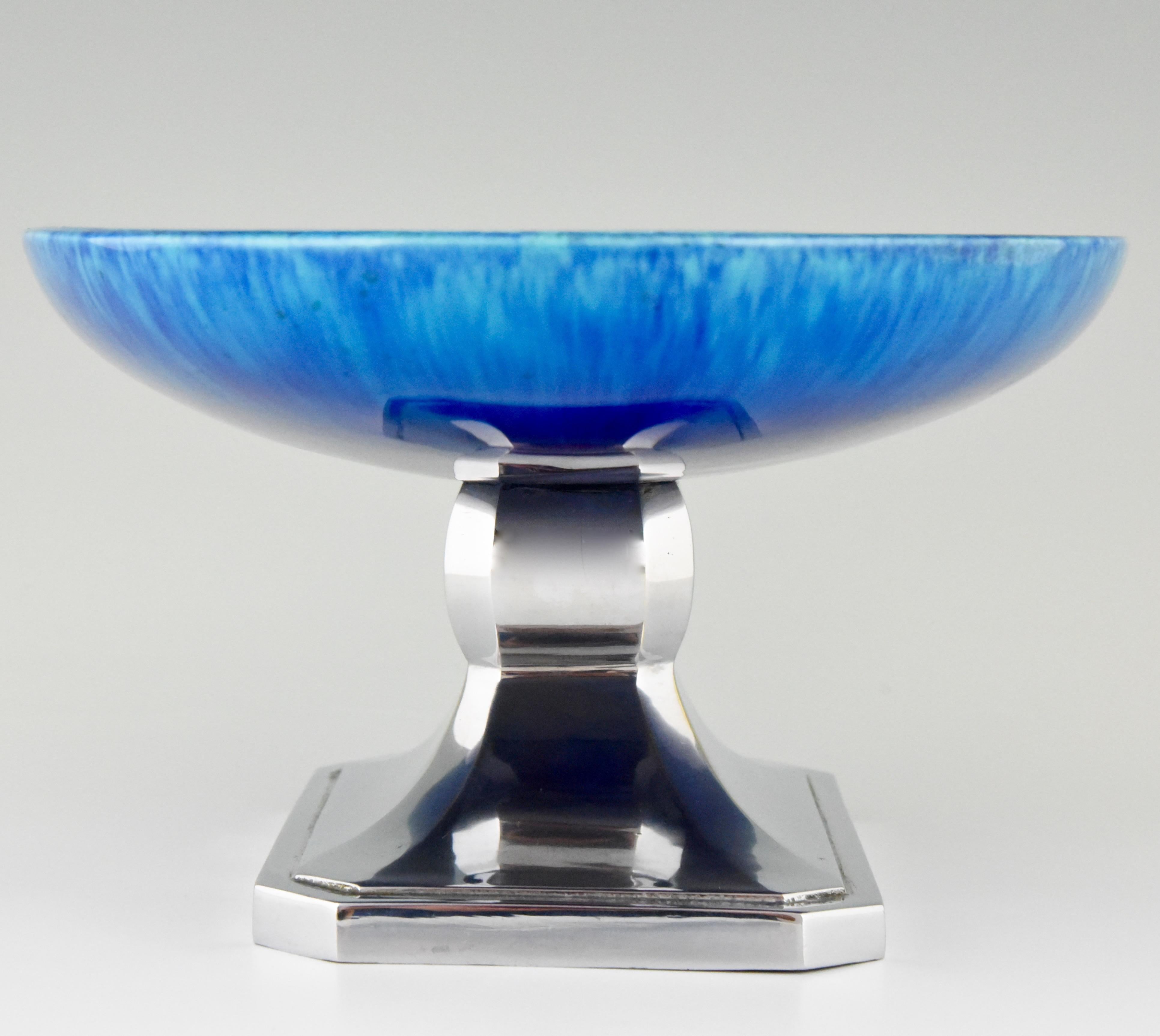 Art Deco Blue Ceramic and Chrome Fruit Dish Paul Milet for Sèvres In Good Condition In Antwerp, BE