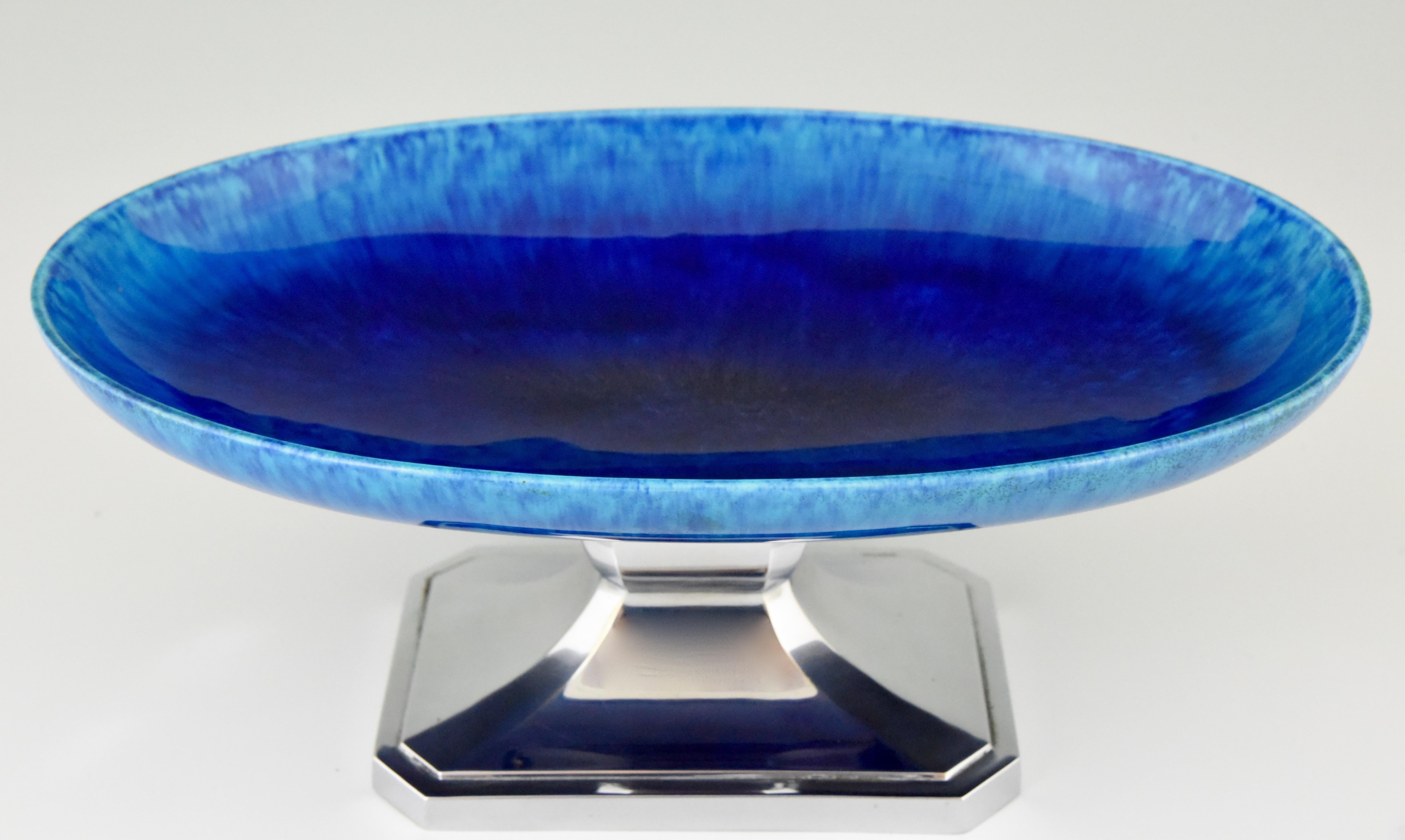 Metal Art Deco Blue Ceramic and Chrome Fruit Dish Paul Milet for Sèvres