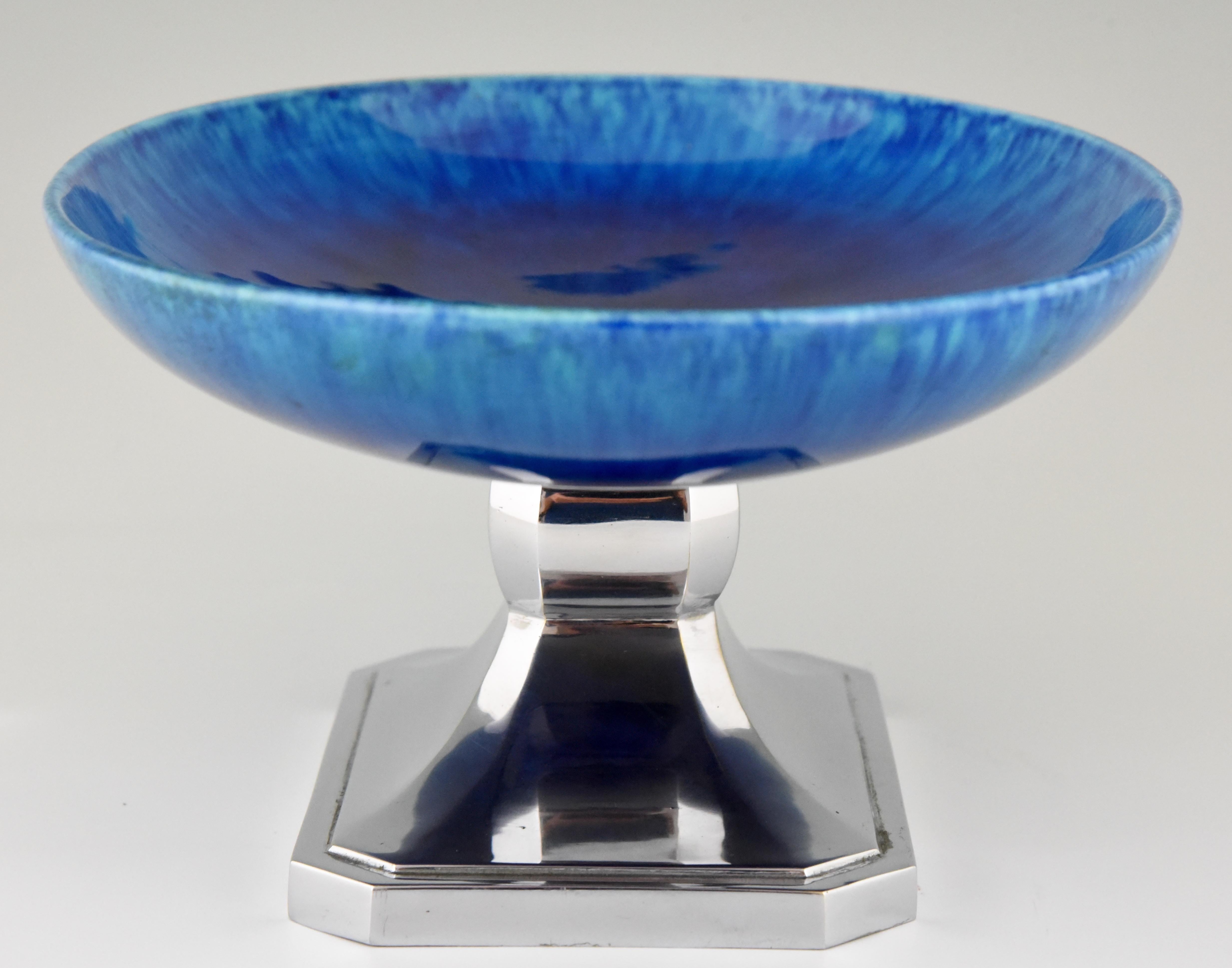 Art Deco Blue Ceramic and Chrome Fruit Dish Paul Milet for Sèvres 2