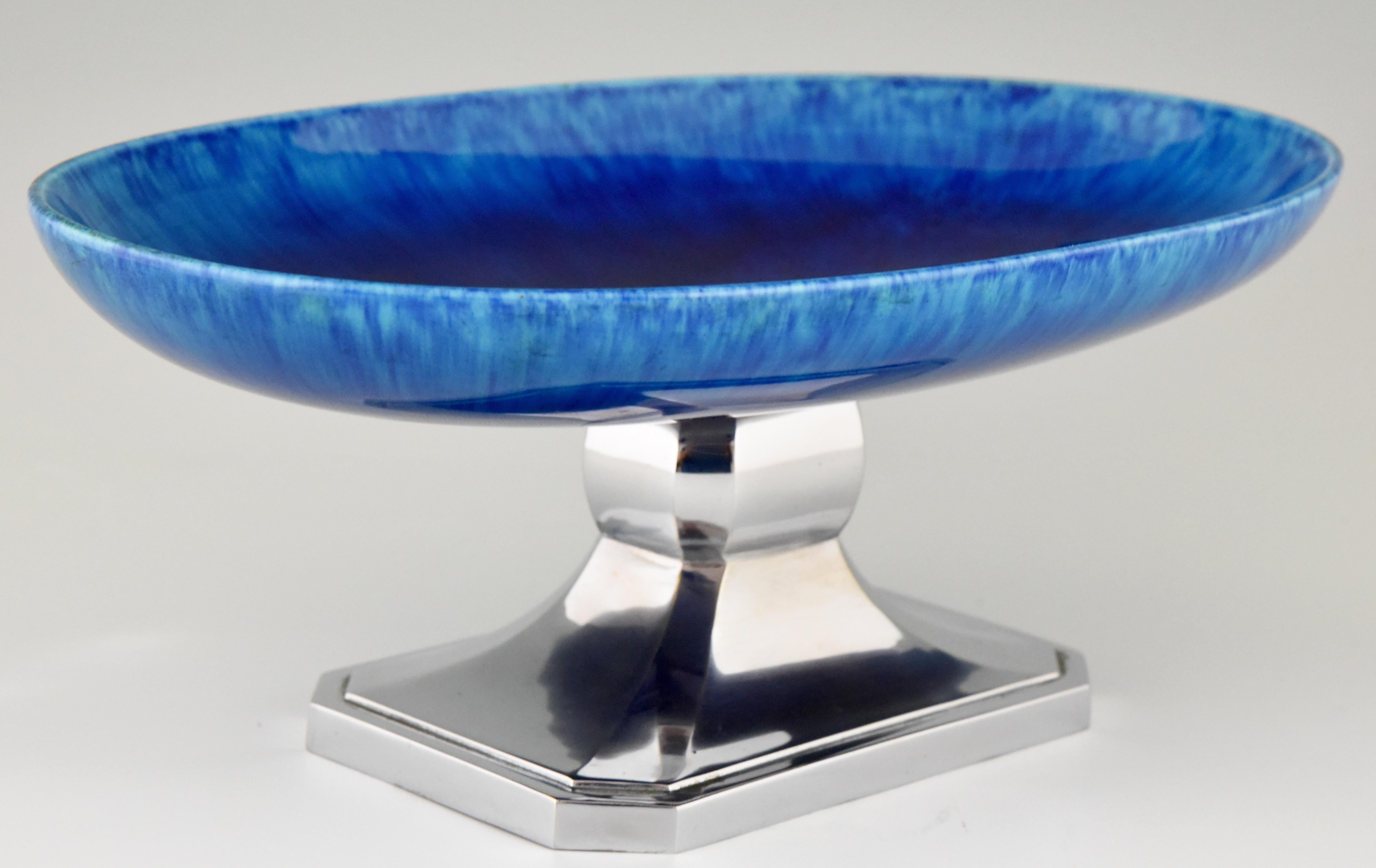 Art Deco Blue Ceramic and Chrome Fruit Dish Paul Milet for Sèvres 3
