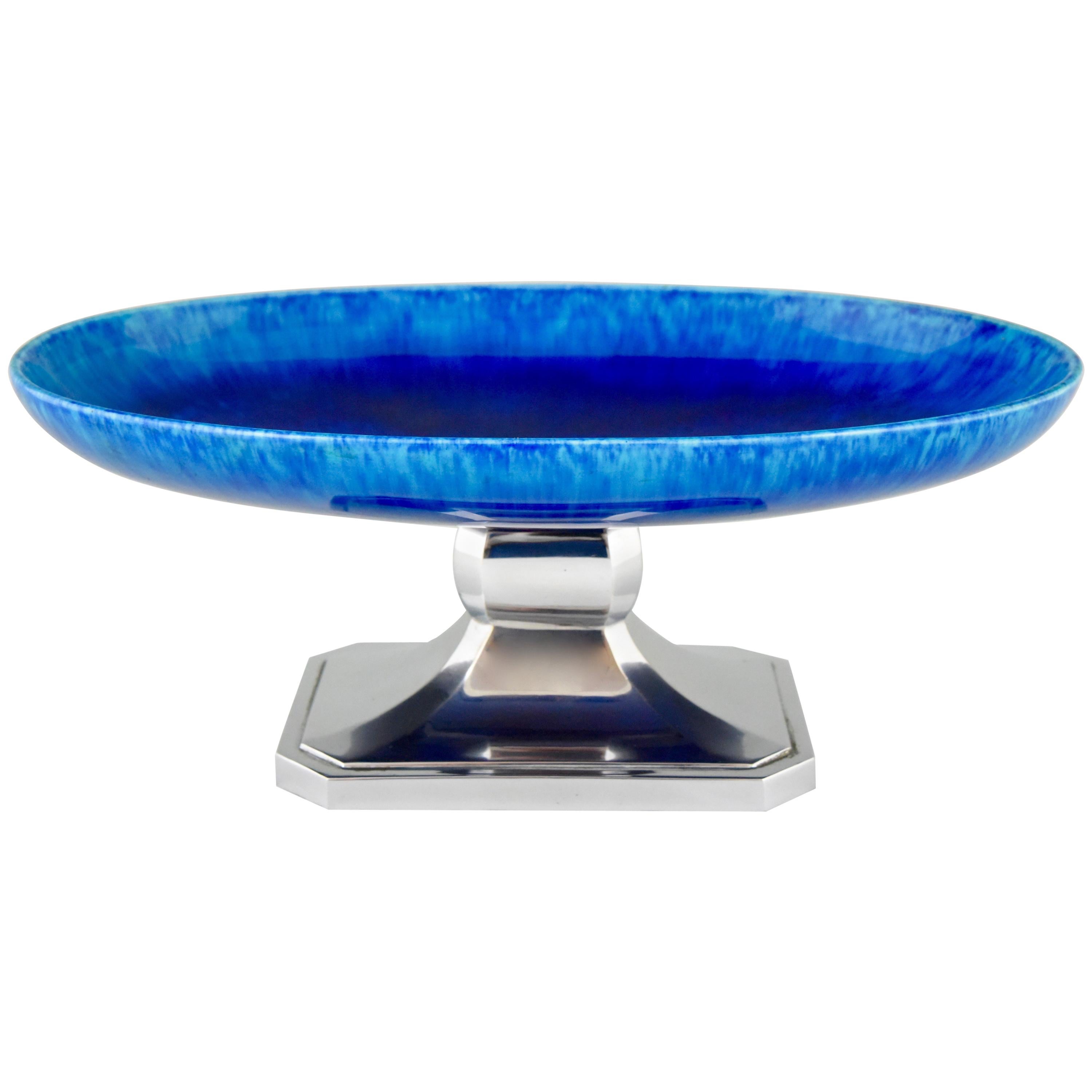 Art Deco Blue Ceramic and Chrome Fruit Dish Paul Milet for Sèvres