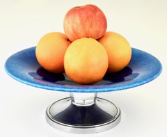 Piatto da frutta Art Déco in ceramica blu e cromo Paul Milet per Sèvres, Francia, 1930