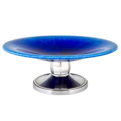 Plat à fruits Art déco en céramique bleue et chrome Paul Milet pour Sèvres, France, 1930
