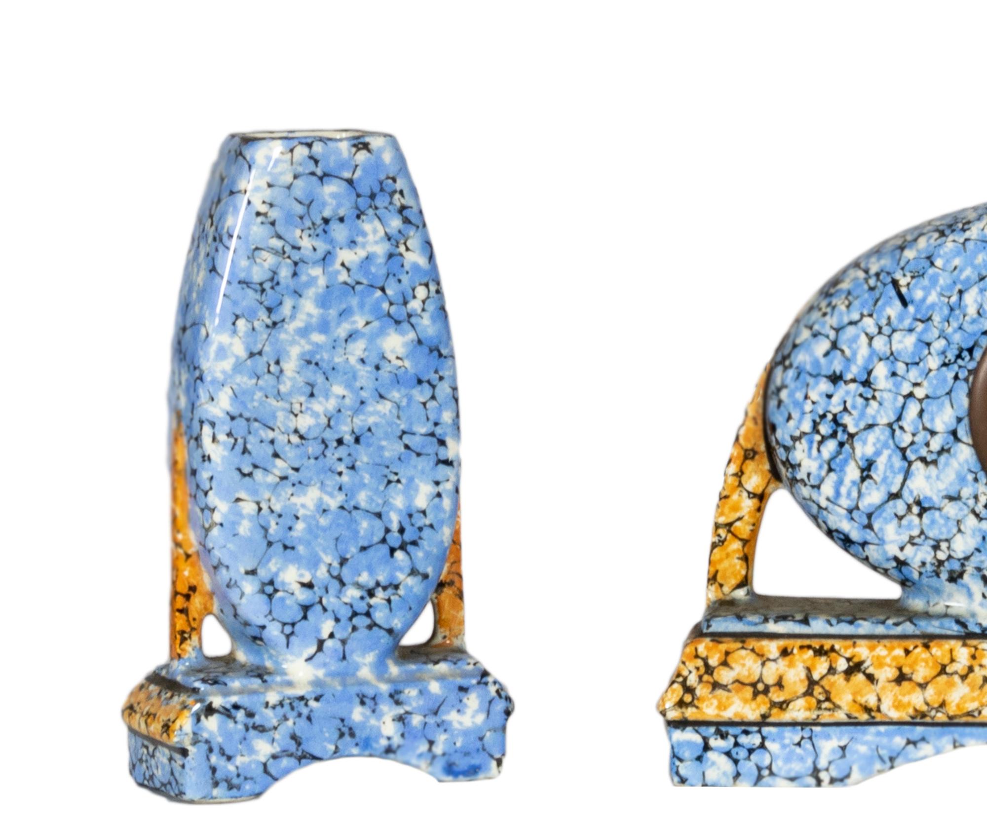 Belgian Art Deco Blue Ceramic Majolique Mantel Clock Set For Sale