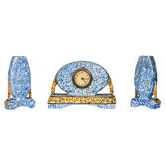 Art Deco Blue Ceramic Majolique Mantel Clock Set
