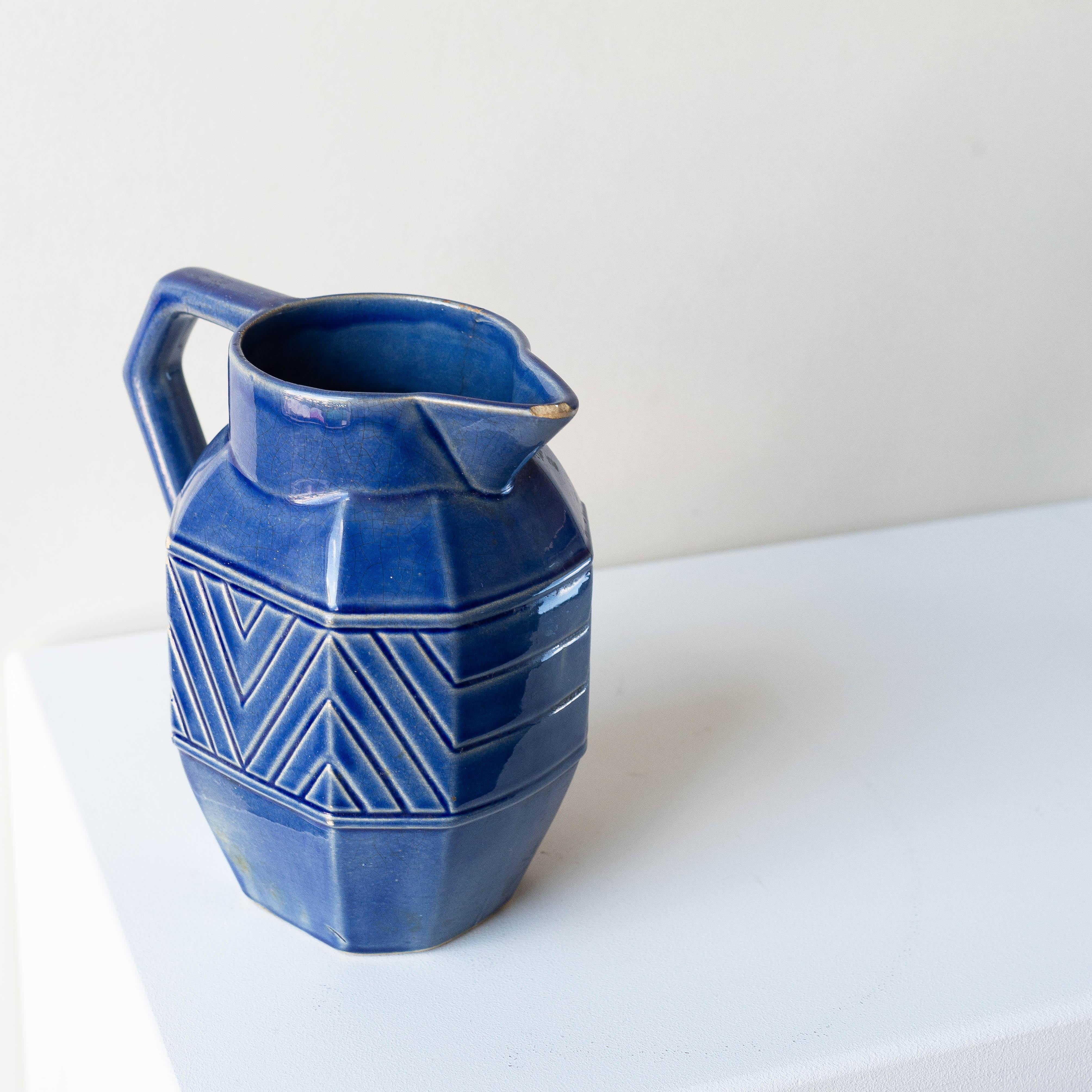 Jarra de cerámica azul Art Déco, Francia Años 30 en Bueno estado para la venta en ROUEN, FR