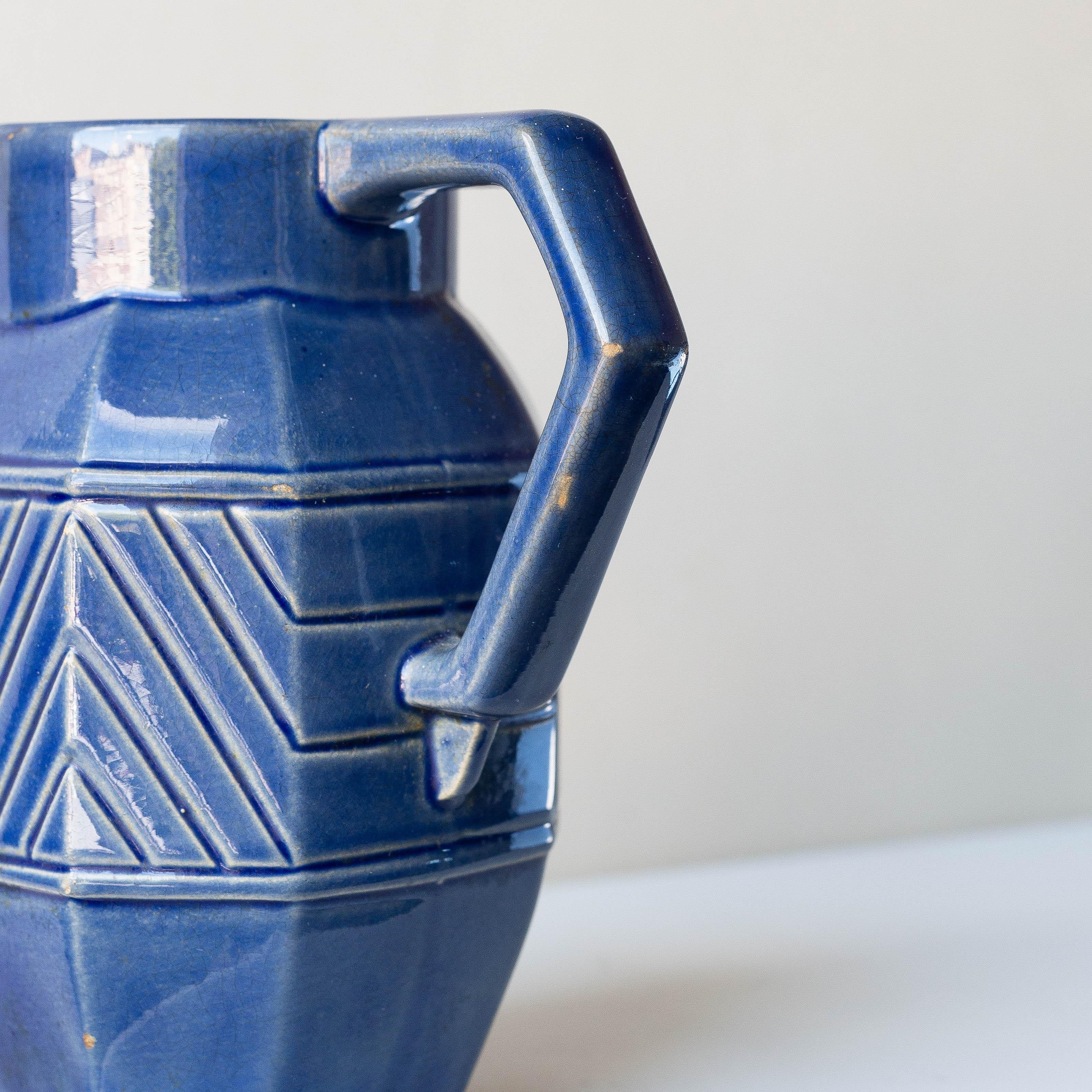 Jarra de cerámica azul Art Déco, Francia Años 30 siglo XX en venta