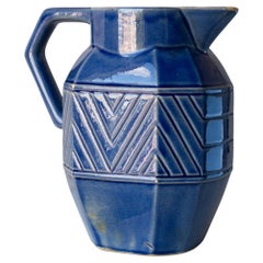 Art Deco Blue Ceramic Pitcher, France 1930s