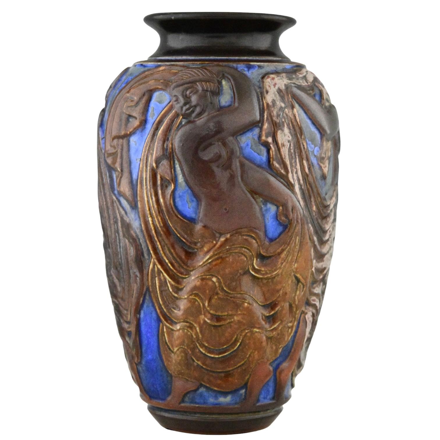 French Art Deco blue ceramic vase with dancers by Mougin Frères  by Georges Condé 1930