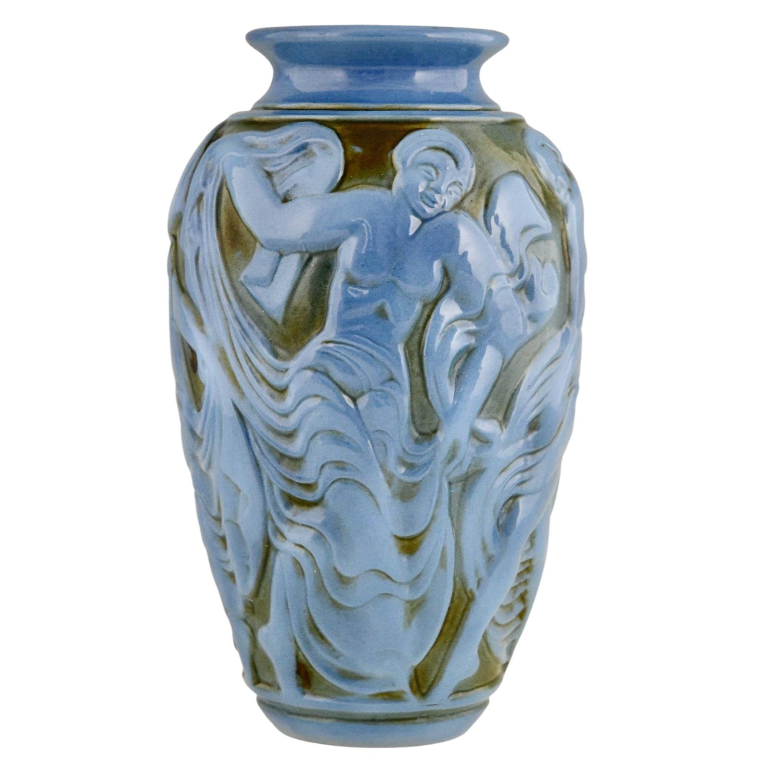 Smaltato Vaso in ceramica blu Art Déco con ballerine di Mougin Frèresu2028di Georges Condé 1930 in vendita