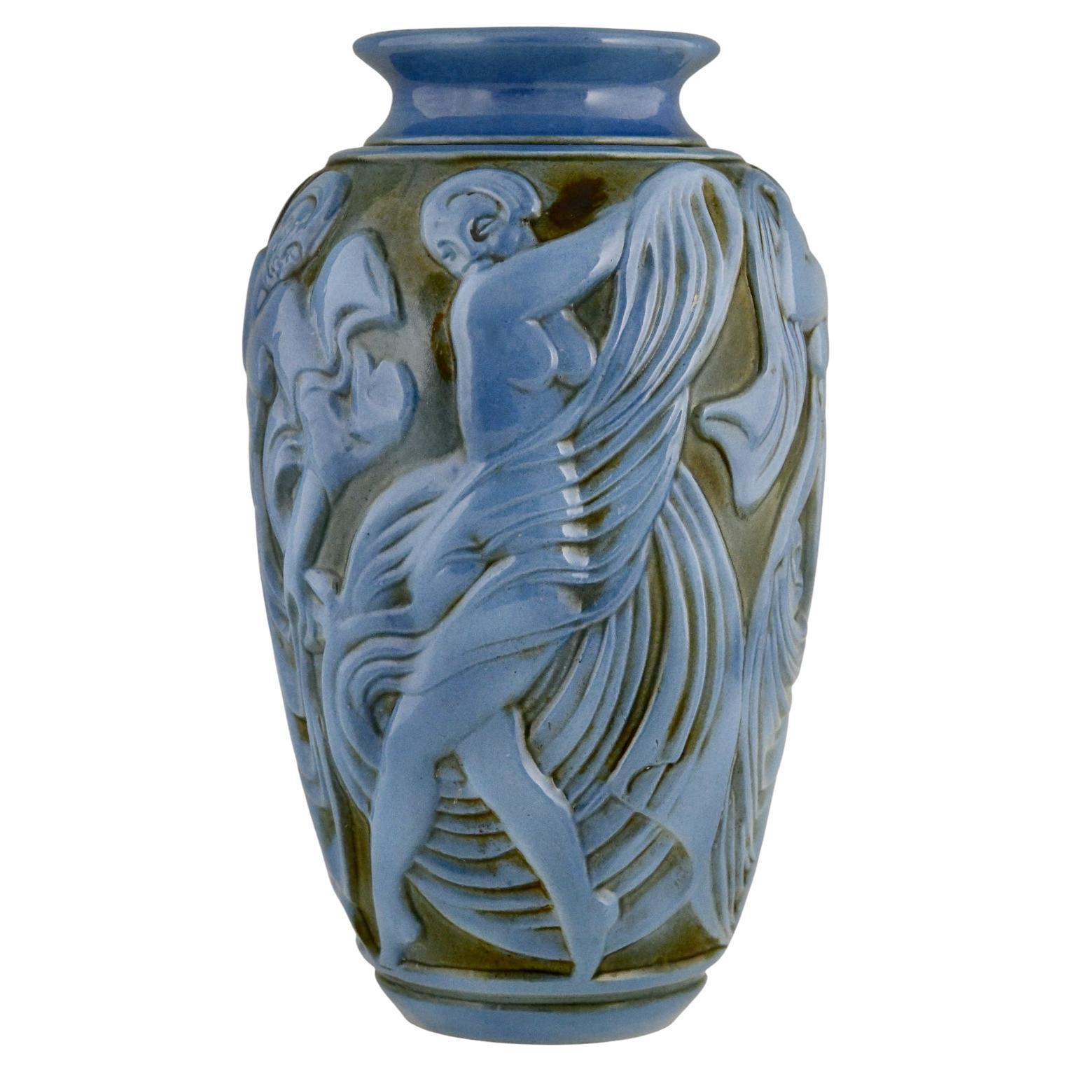 Vaso in ceramica blu Art Déco con ballerine di Mougin Frèresu2028di Georges Condé 1930