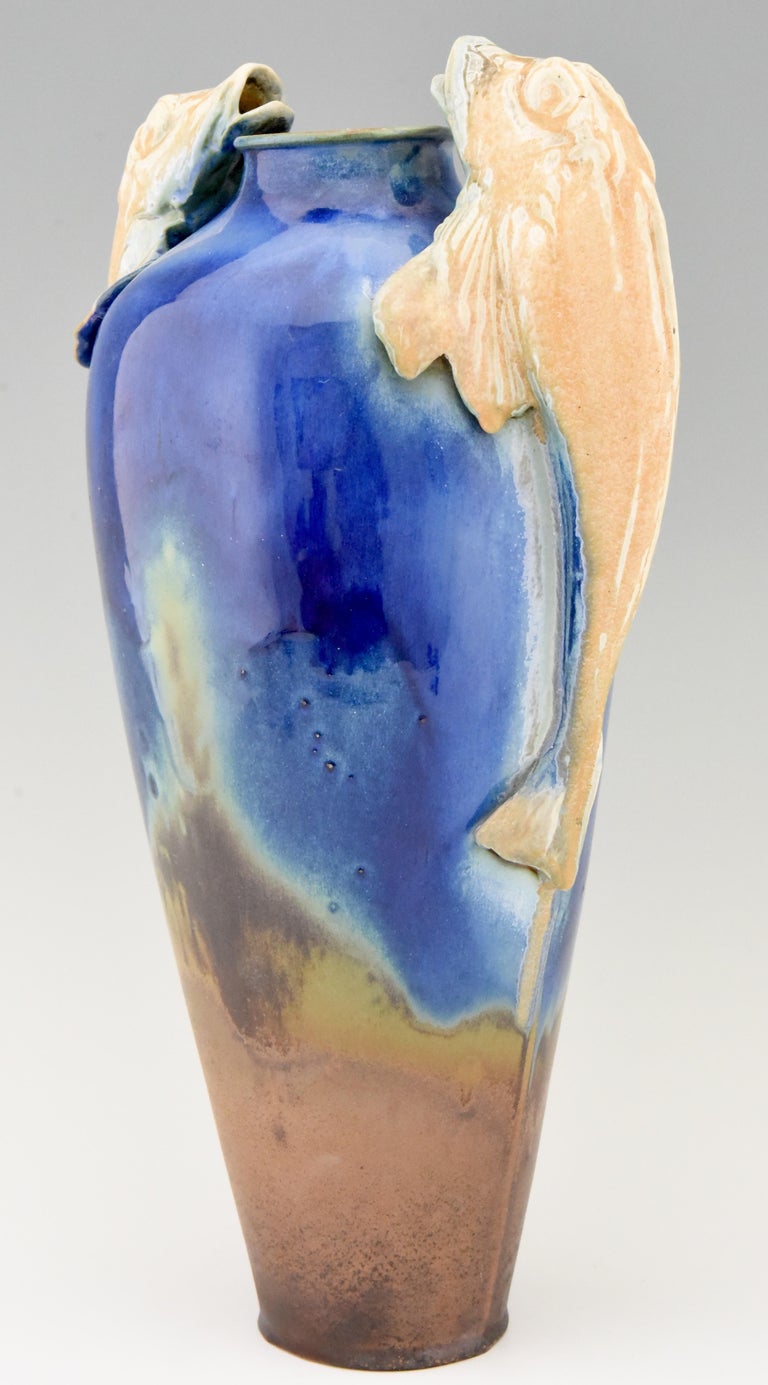 French Art Deco Blue Ceramic Vase with Fish Handles Gilbert Méténier, France, 1920 For Sale