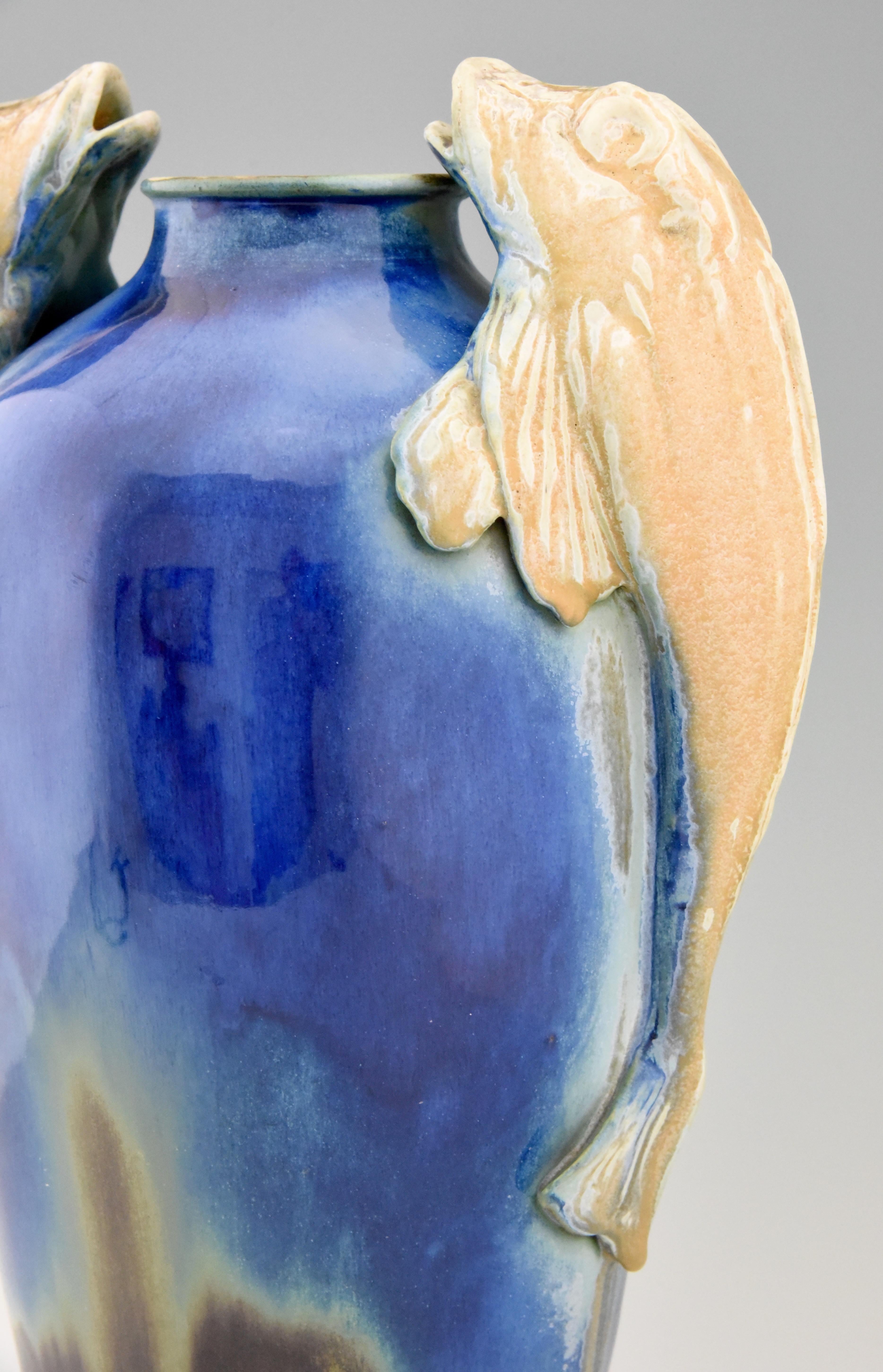 Art Deco Blue Ceramic Vase with Fish Handles Gilbert Méténier, France, 1920 For Sale 1