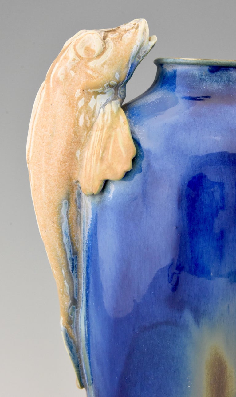 Art Deco Blue Ceramic Vase with Fish Handles Gilbert Méténier, France, 1920 For Sale 3