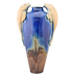Vintage Art Deco Blue Ceramic Vase with Fish Handles Gilbert Méténier, France, 1920