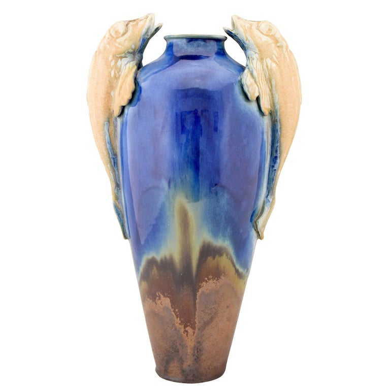 Art Deco Blue Ceramic Vase with Fish Handles Gilbert Méténier, France, 1920 For Sale
