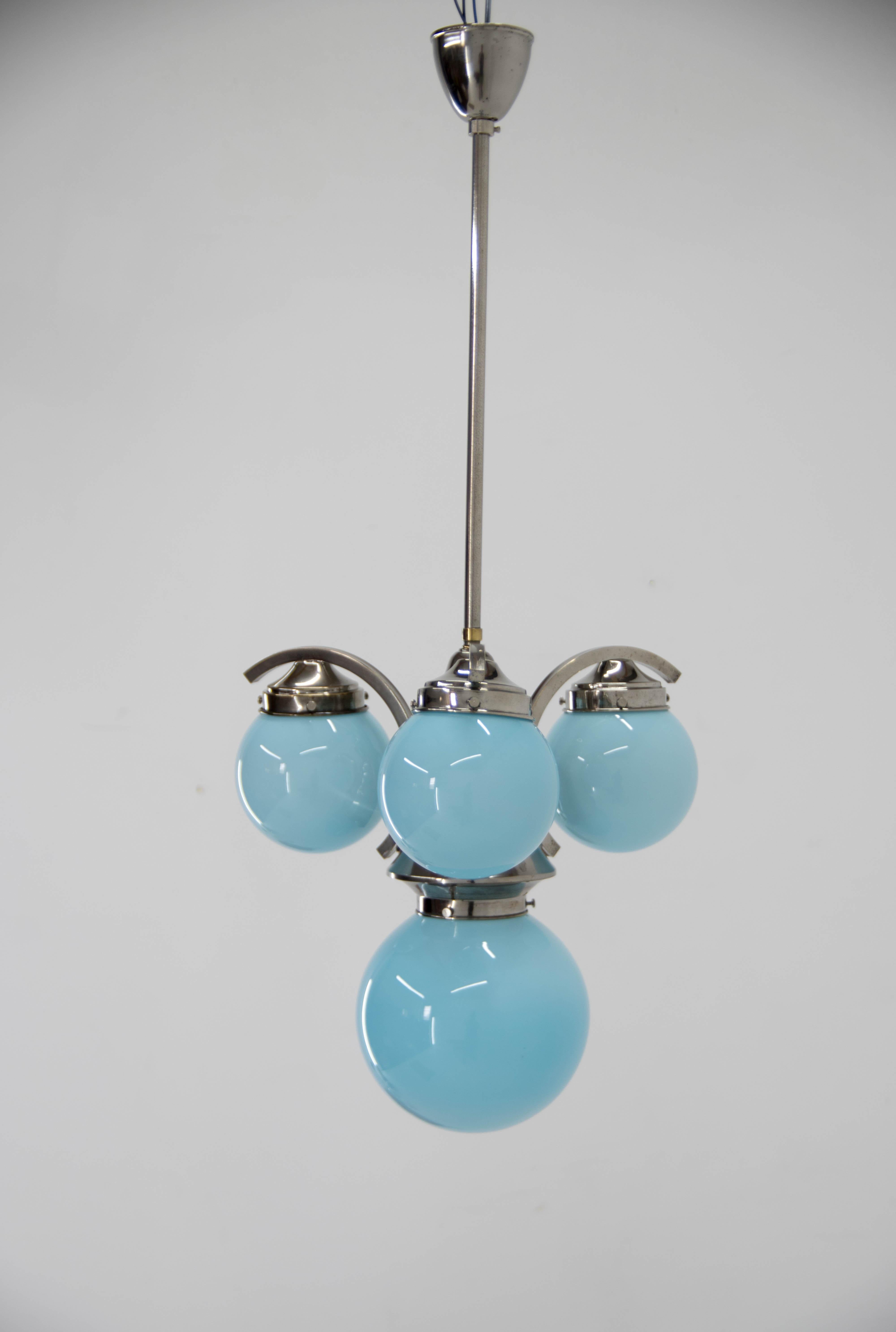 Art Deco Blue Chandelier, 1930s, Restored In Good Condition For Sale In Praha, CZ
