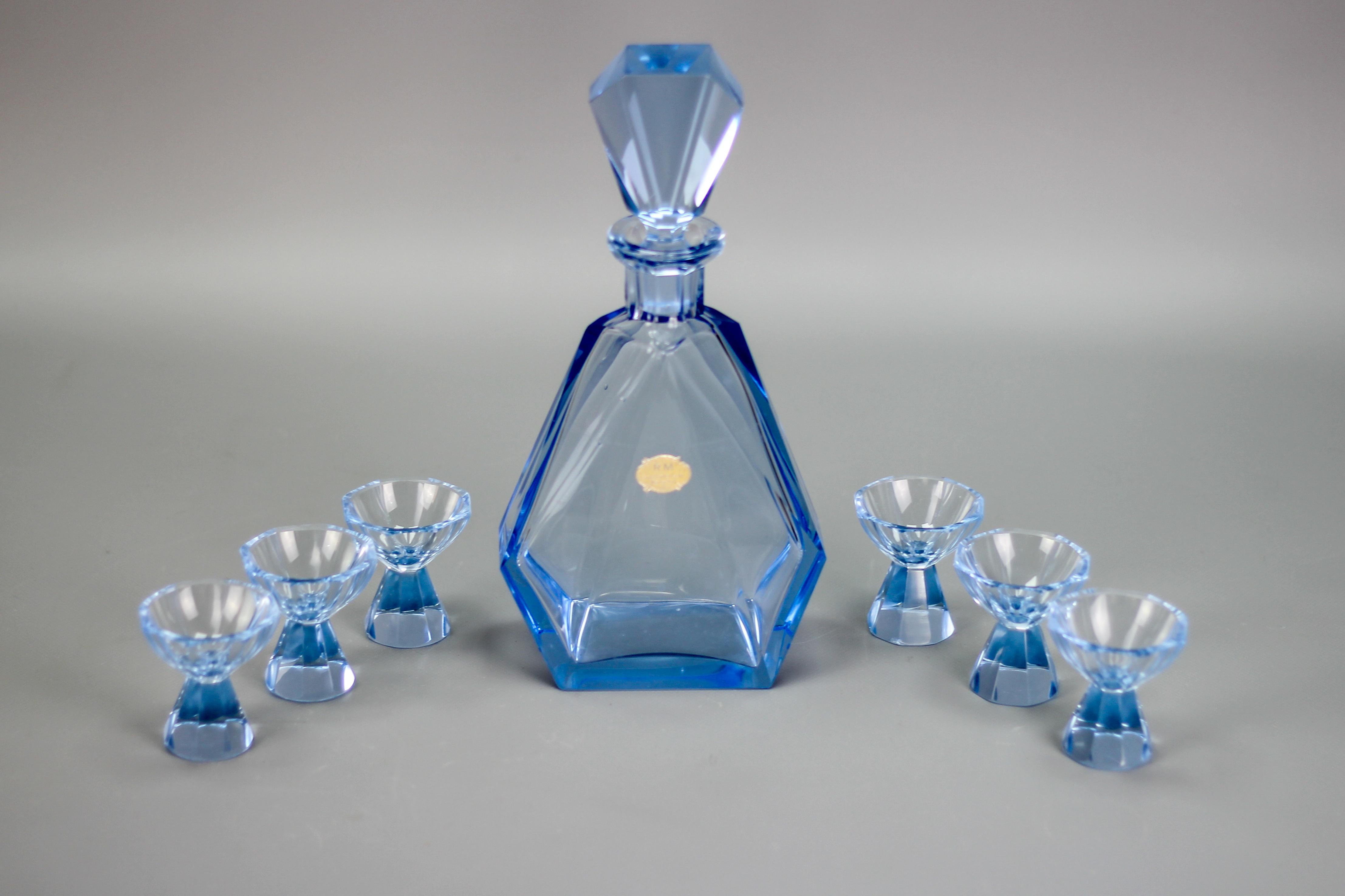 Art Deco Blue Color Bohemian Glass Decanter and 6 Glasses Set, 1930s For Sale 5