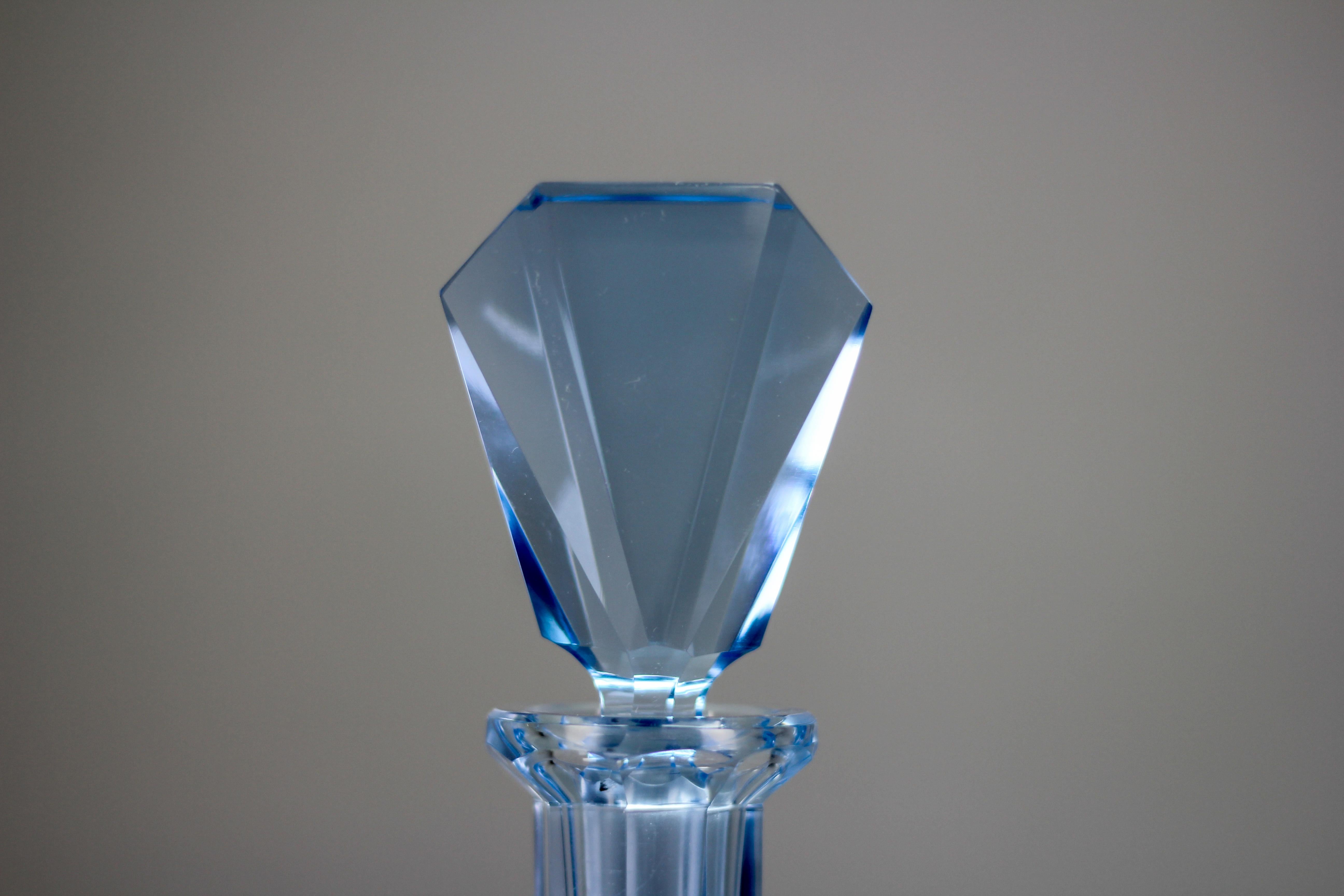Art Deco Blue Color Bohemian Glass Decanter and 6 Glasses Set, 1930s For Sale 8