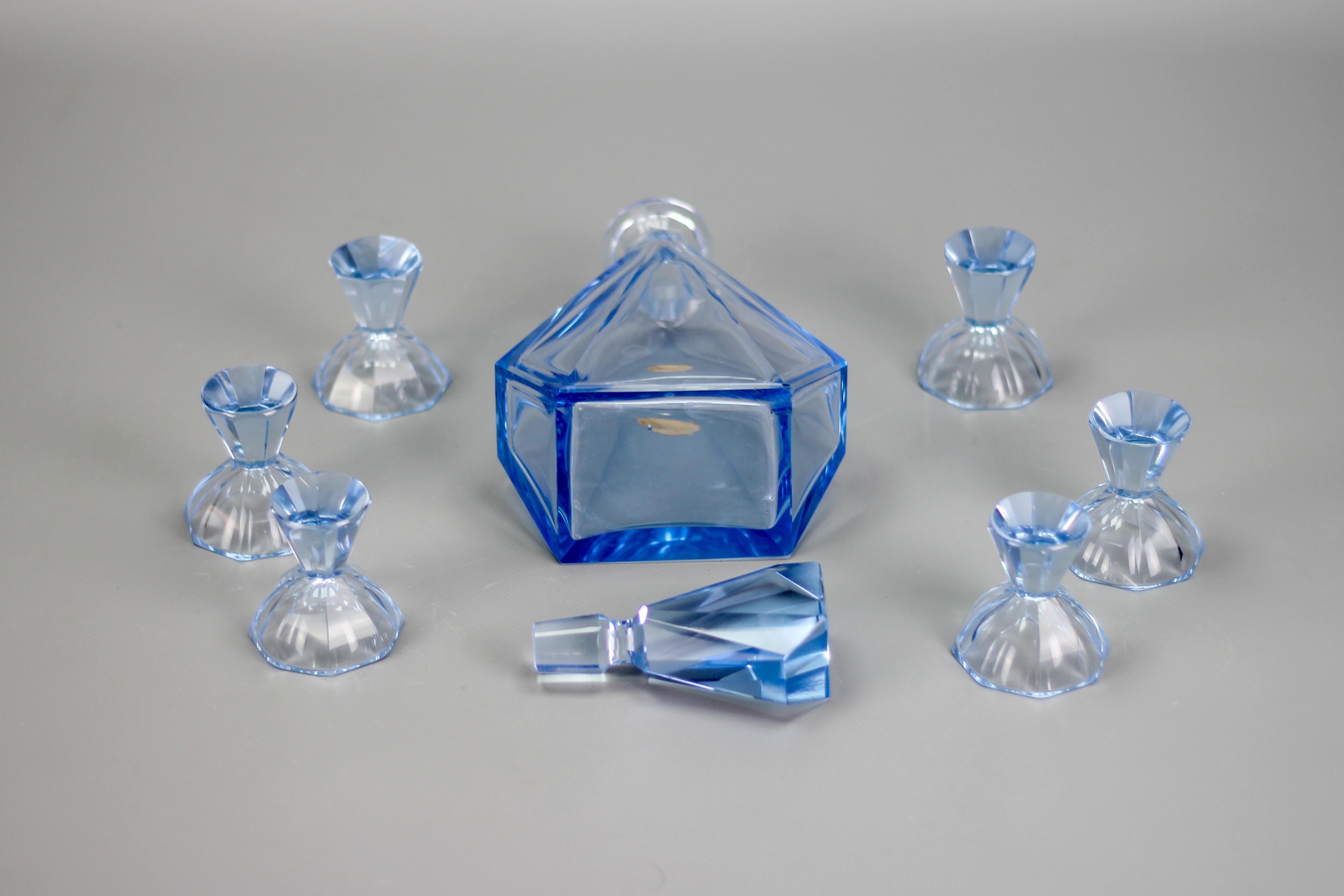 Art Deco Blue Color Bohemian Glass Decanter and 6 Glasses Set, 1930s For Sale 9