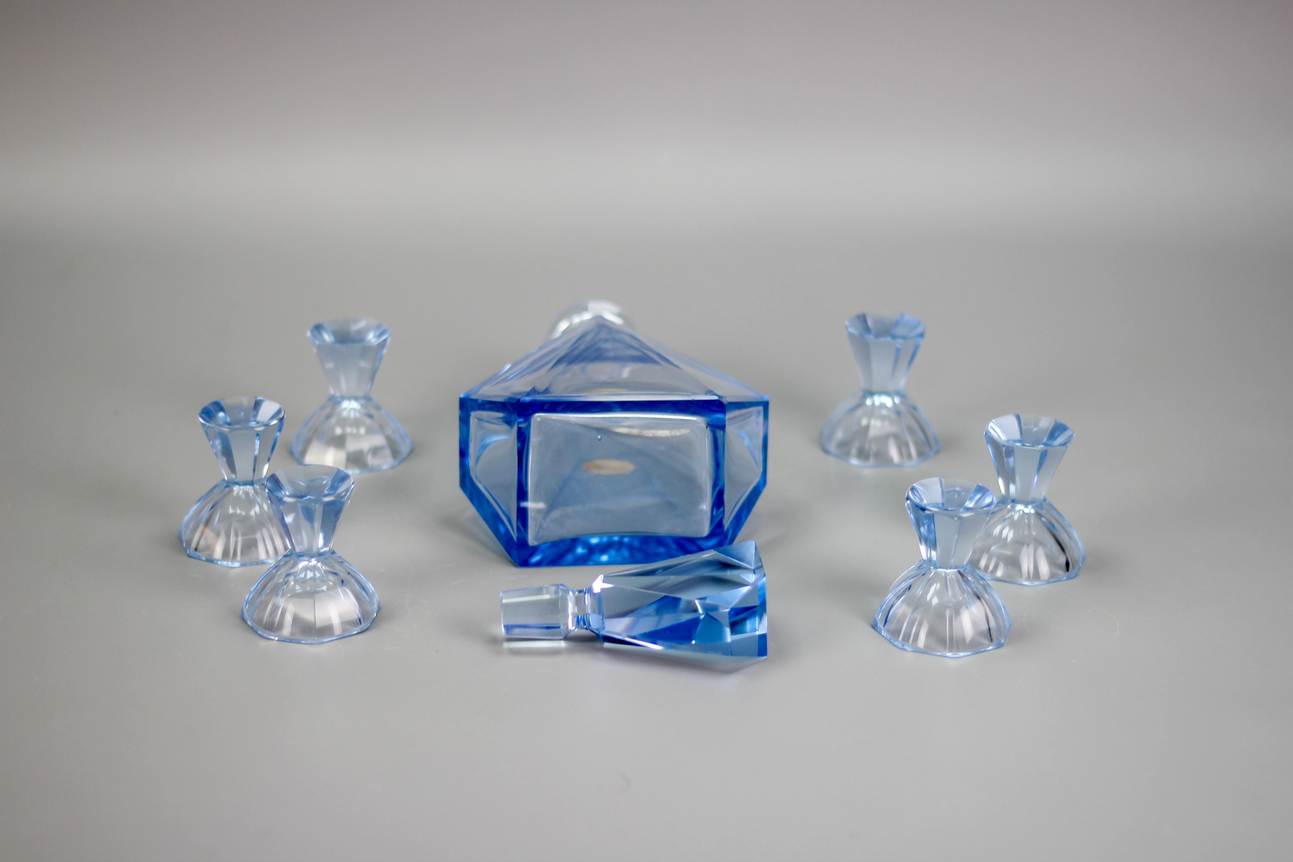 Art Deco Blue Color Bohemian Glass Decanter and 6 Glasses Set, 1930s For Sale 10