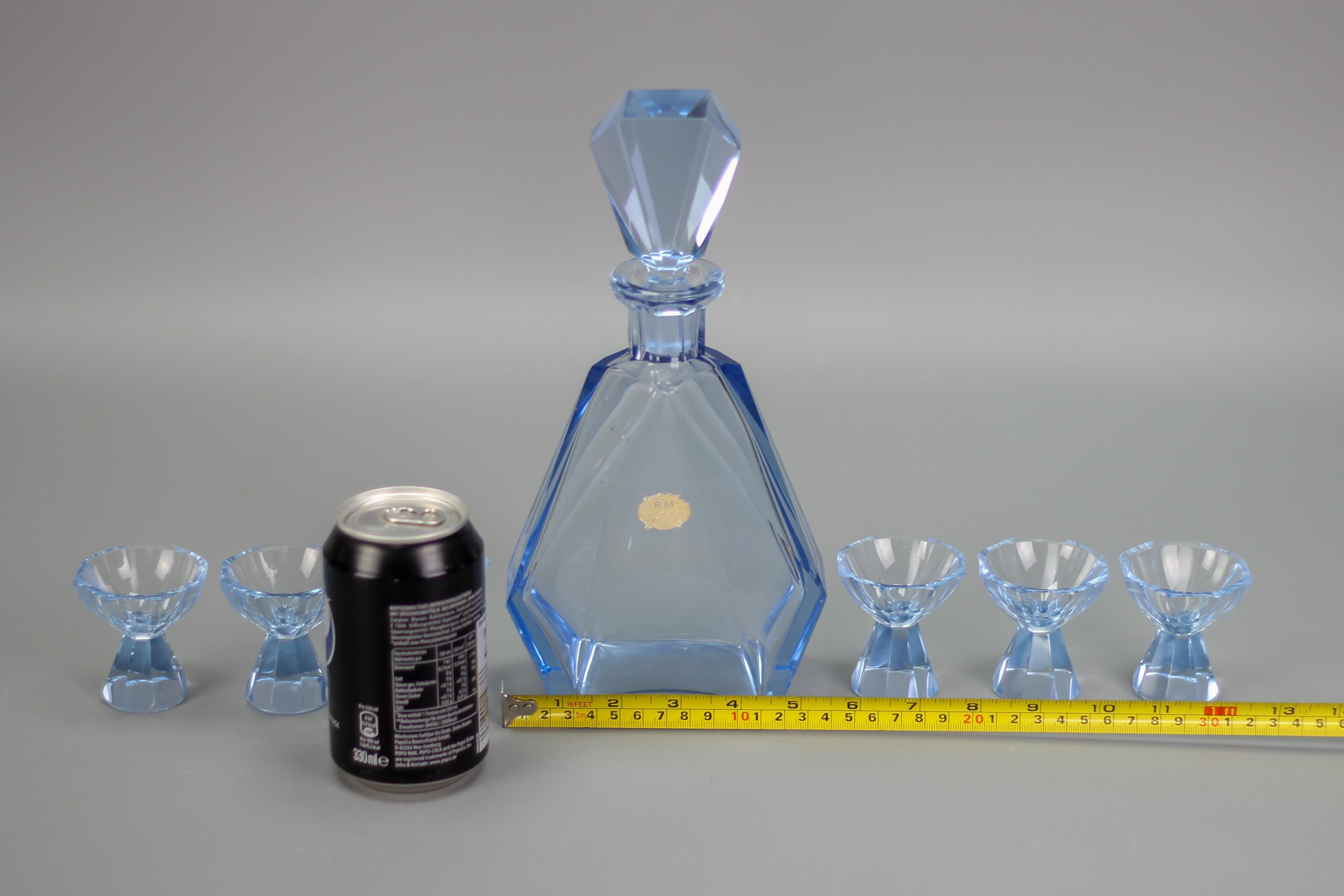 Art Deco Blue Color Bohemian Glass Decanter and 6 Glasses Set, 1930s For Sale 12