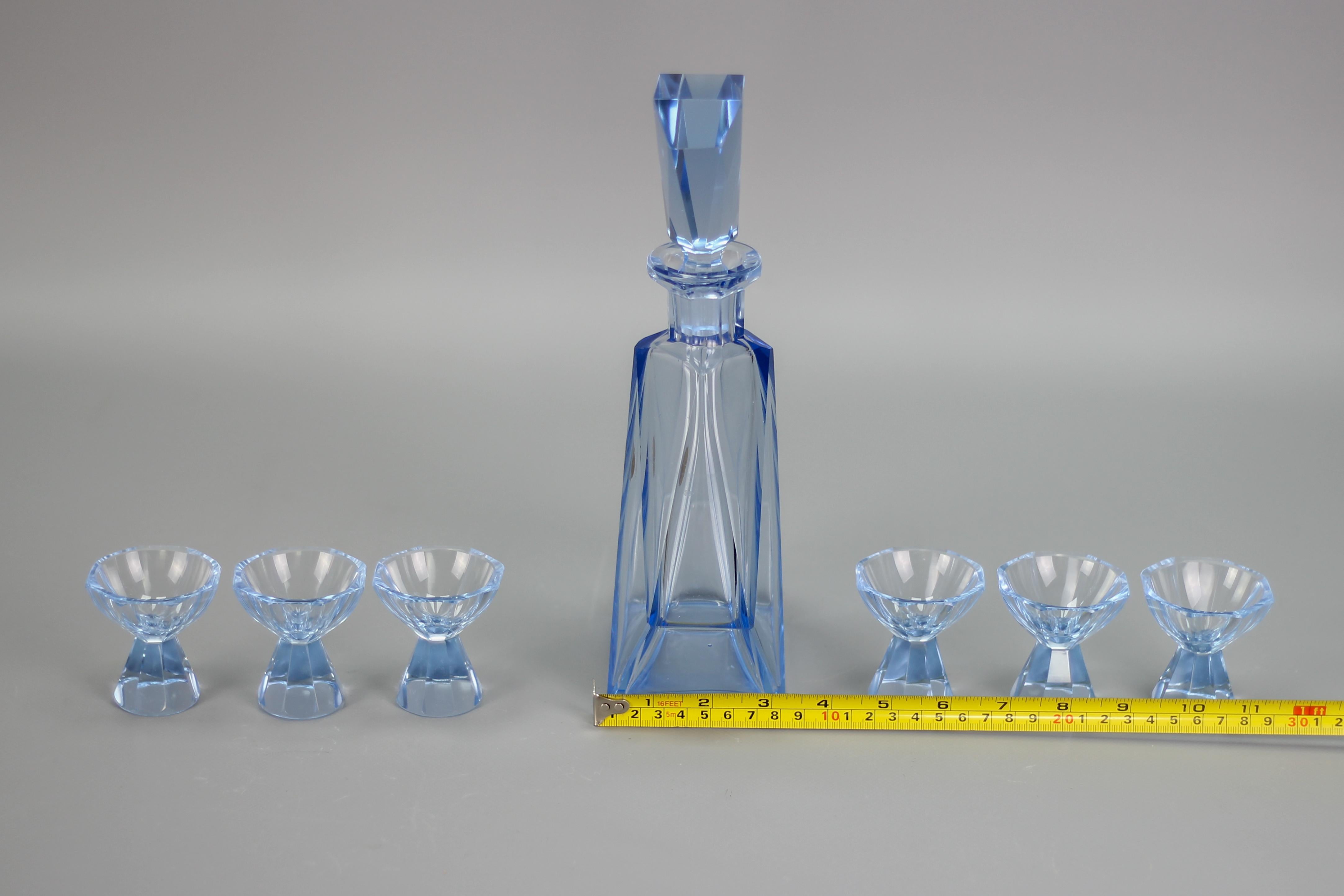 Art Deco Blue Color Bohemian Glass Decanter and 6 Glasses Set, 1930s For Sale 13