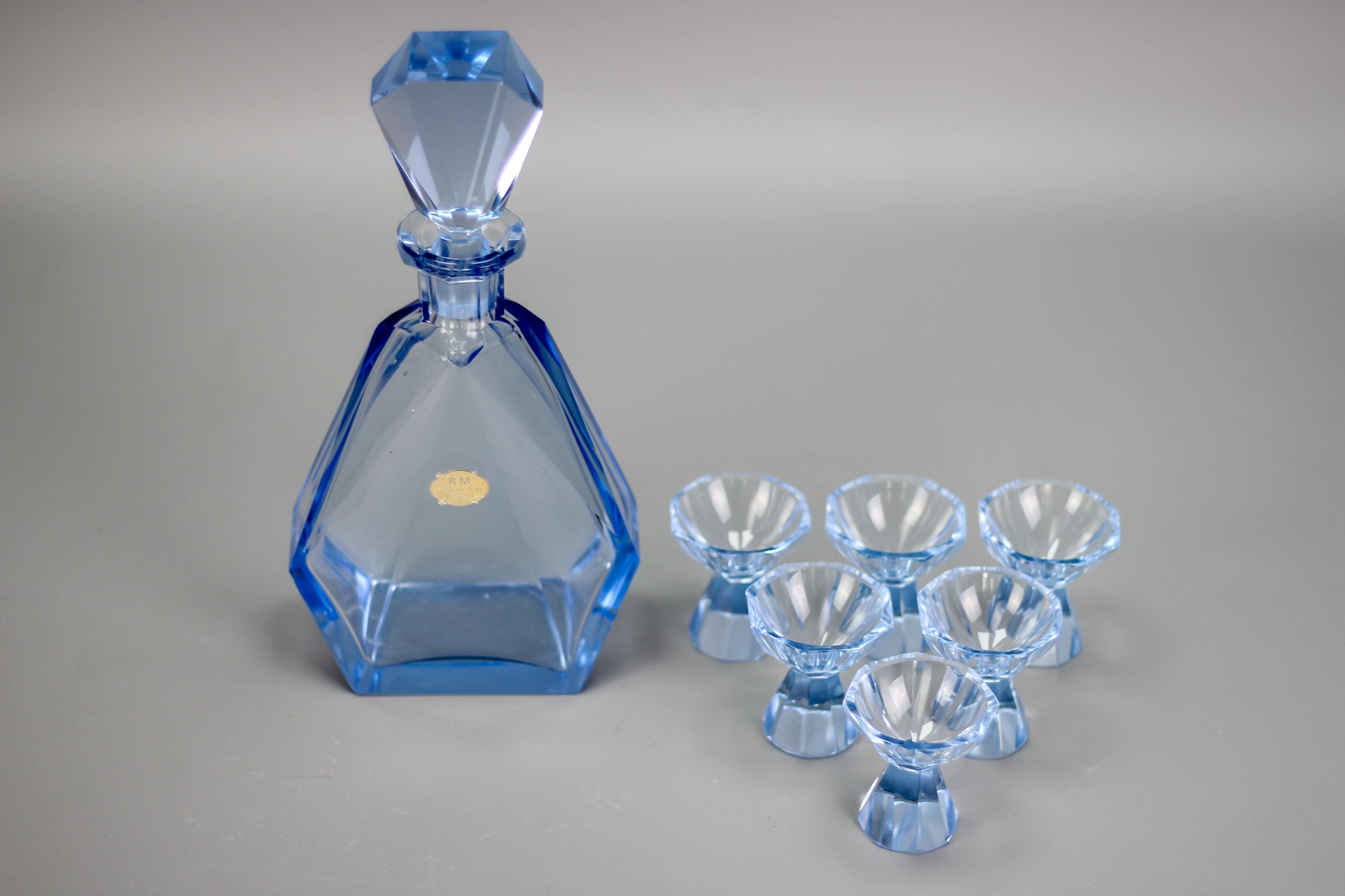 Art Deco Blue Color Bohemian Glass Decanter and 6 Glasses Set, 1930s For Sale 14