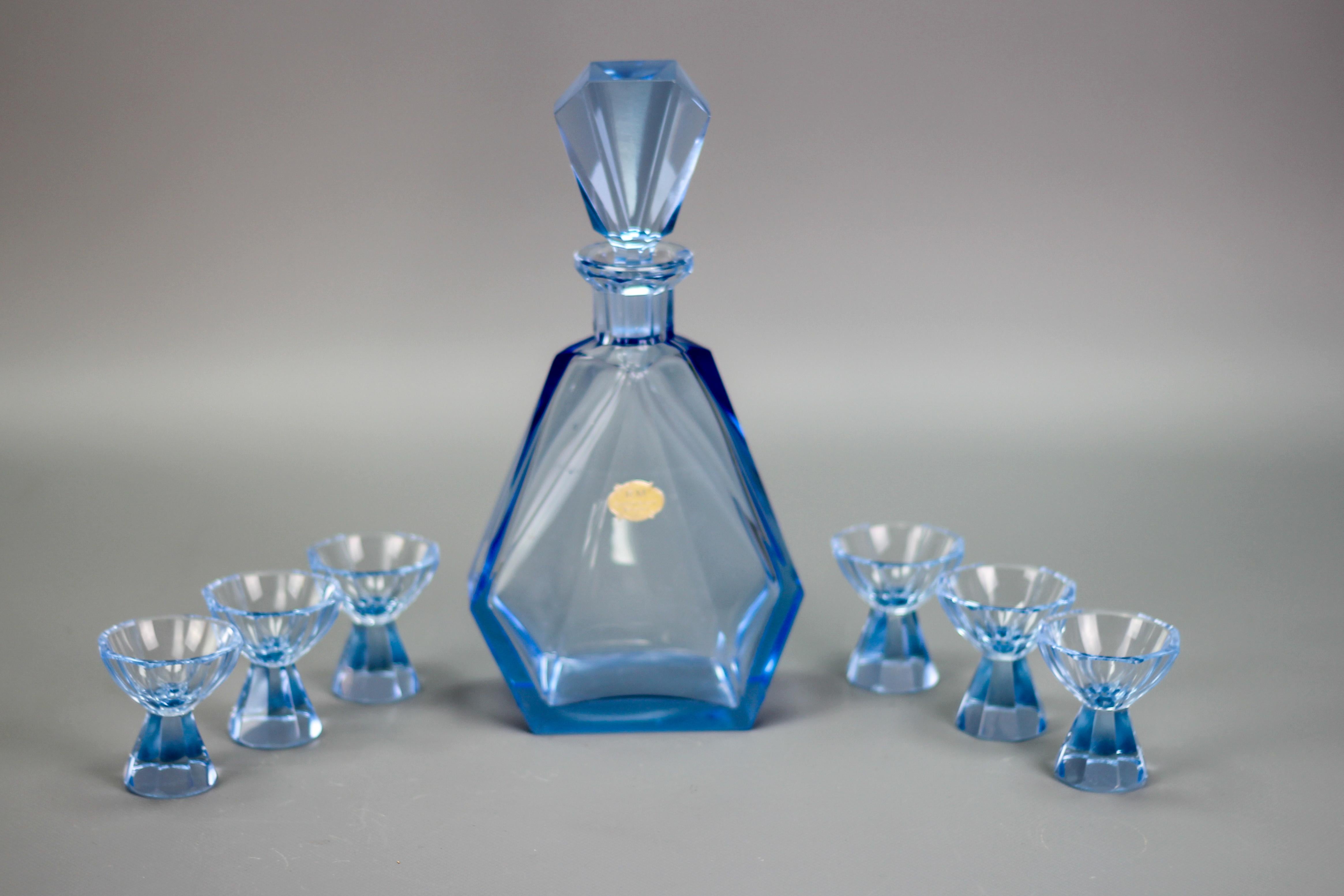 Czech Art Deco Blue Color Bohemian Glass Decanter and 6 Glasses Set, 1930s For Sale