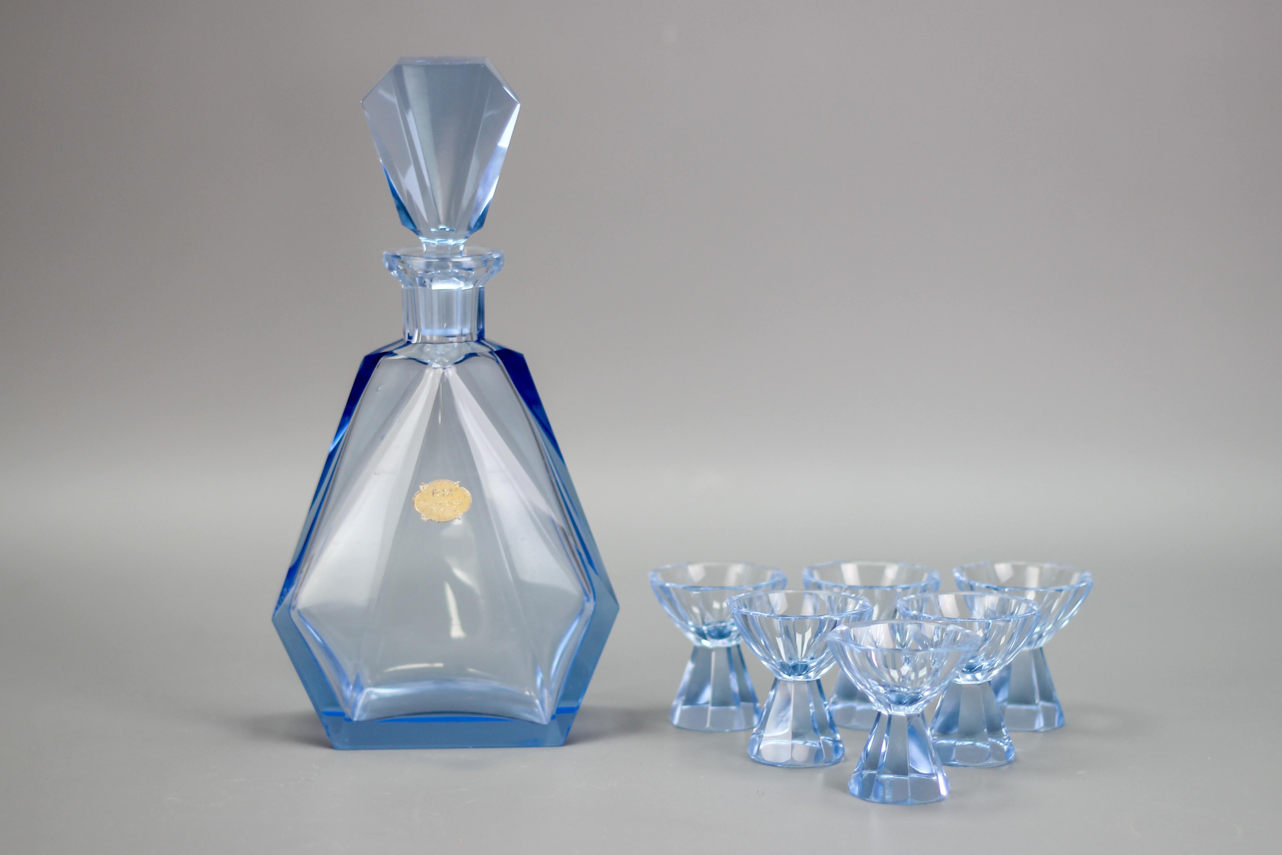 Art Deco Blue Color Bohemian Glass Decanter and 6 Glasses Set, 1930s For Sale 4