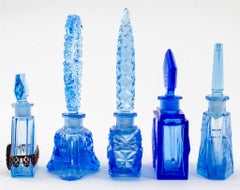 Art Deco Blue Cut Crystal Perfume Bottles, Set of Five